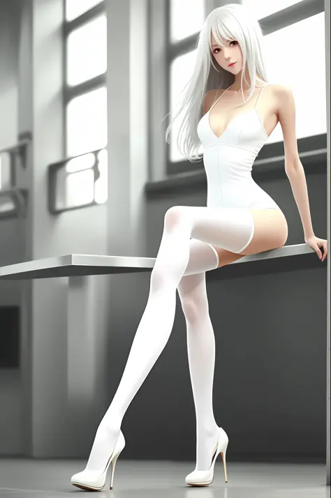 wlop, skinny, slim, 1 young girl, charming, white stockings, medium long hair, realistic, beautiful, sexy, high heels