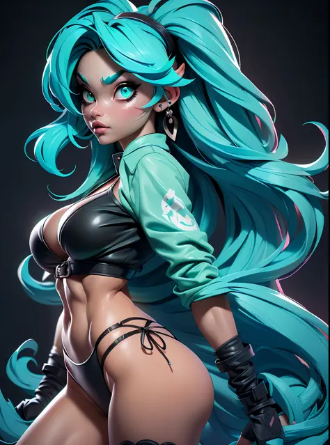 ((Best Quality)), ((Masterpiece)), ((Realistic)) and ultra-detailed photography of a girl with goth colors. She has ((turquoise hair)), wears a small black micro-thong, black micro-bikini , ((beautiful and aesthetic)), muscular fit body abs, sexy, under-bo...