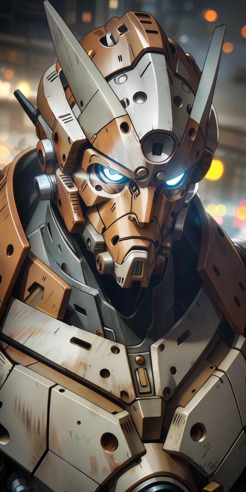 Portrait photo of an alpha male, perfect eyes, in a worn mecha suit, ((light bokeh)), intricate, (steel metal [rust]), elegant, sharp focus, photo by greg rutkowski, soft lighting, vibrant colors, masterpiece, ((streets)), cowboy shot, dynamic pose,