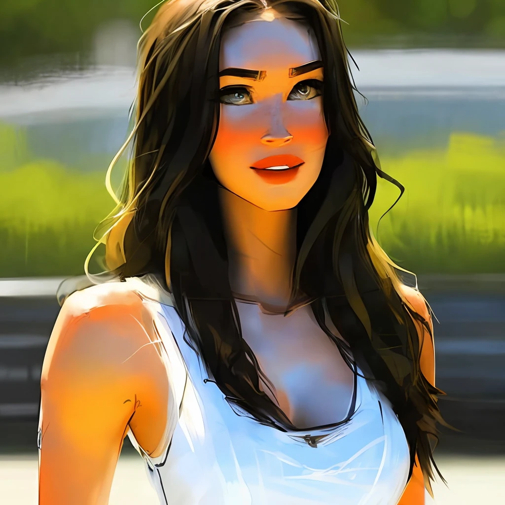 ((Samdoesarts)), (best quality, masterpiece), 1girl, looking at viewer, blurred background, upper body, contemporary, dress, Megan fox, illustration, toon