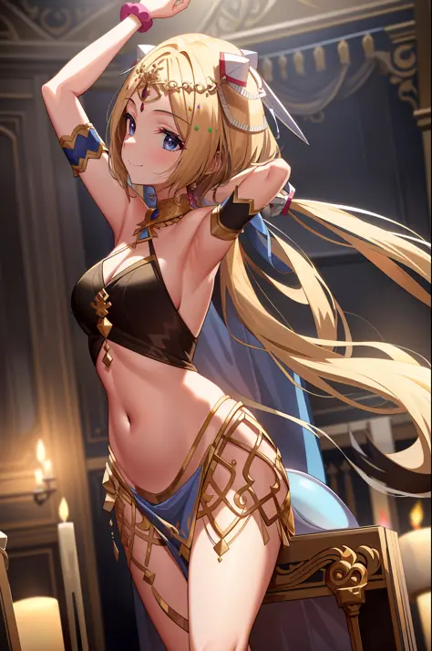 masterpiece, best quality, expressive eyes, perfect face, aki rosenthal, detached hair, long hair, low twintails, headgear, arabian clothes, bracelet, breasts, candle, circlet, cup, jewelry, navel, pelvic curtain, ring, sitting, smile, solo, arched back, d...