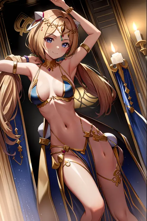 masterpiece, best quality, expressive eyes, perfect face, aki rosenthal, detached hair, long hair, low twintails, headgear, arabian clothes, bracelet, breasts, candle, circlet, cup, jewelry, navel, pelvic curtain, ring, sitting, smile, solo, arched back, d...