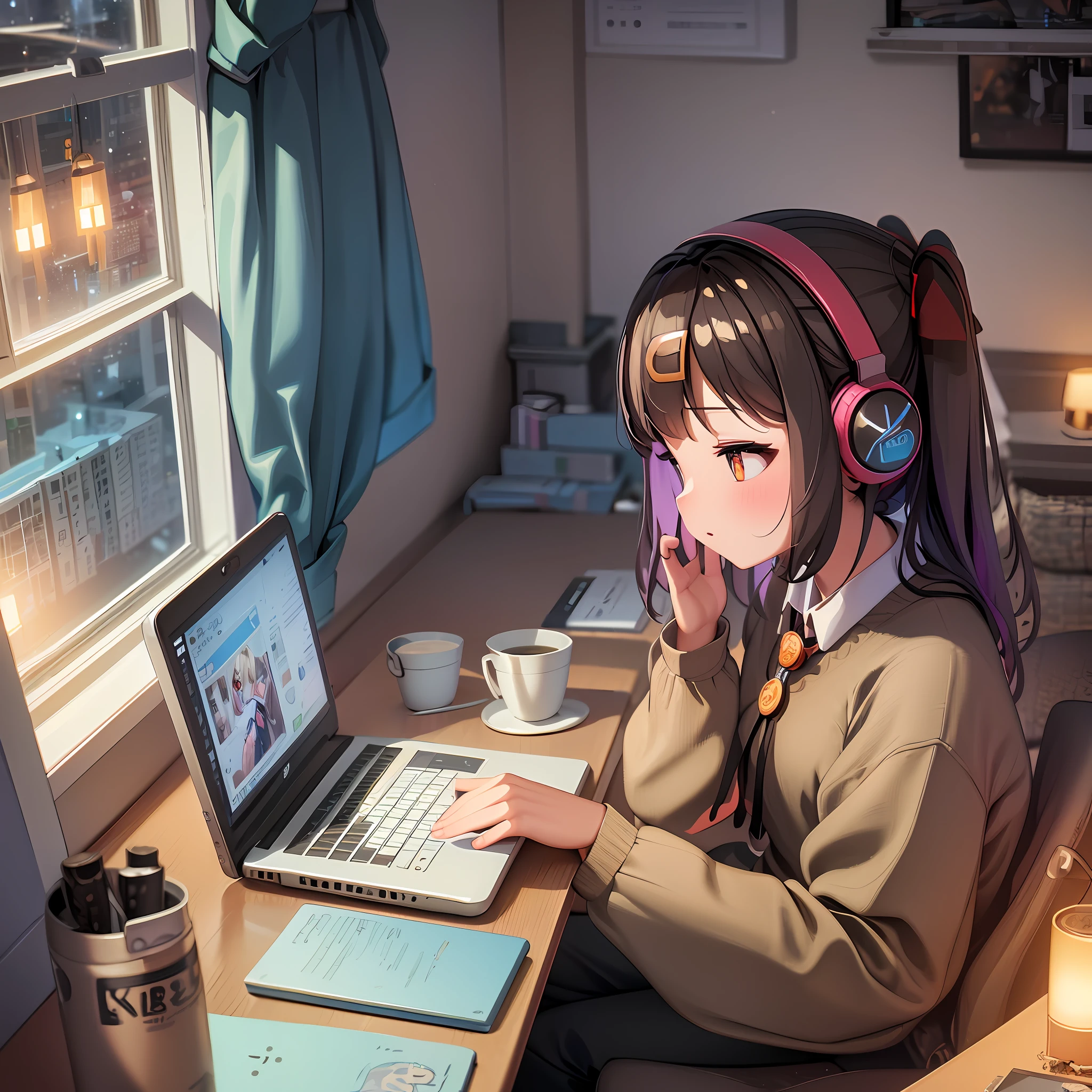 il y a une fille assise à un bureau avec un ordinateur portable et des écouteurs, adorable peinture numérique, art numérique mignon, joli art numérique détaillé, fille lofi, illustration numérique d&#39;anime, Portrait de Lofi, oeuvre d&#39;art dans le style de guweiz, belle illustration numérique, peinture réaliste de jolie fille, Belle œuvre d&#39;art numérique, art numérique sur pixiv, étudier dans la chambre