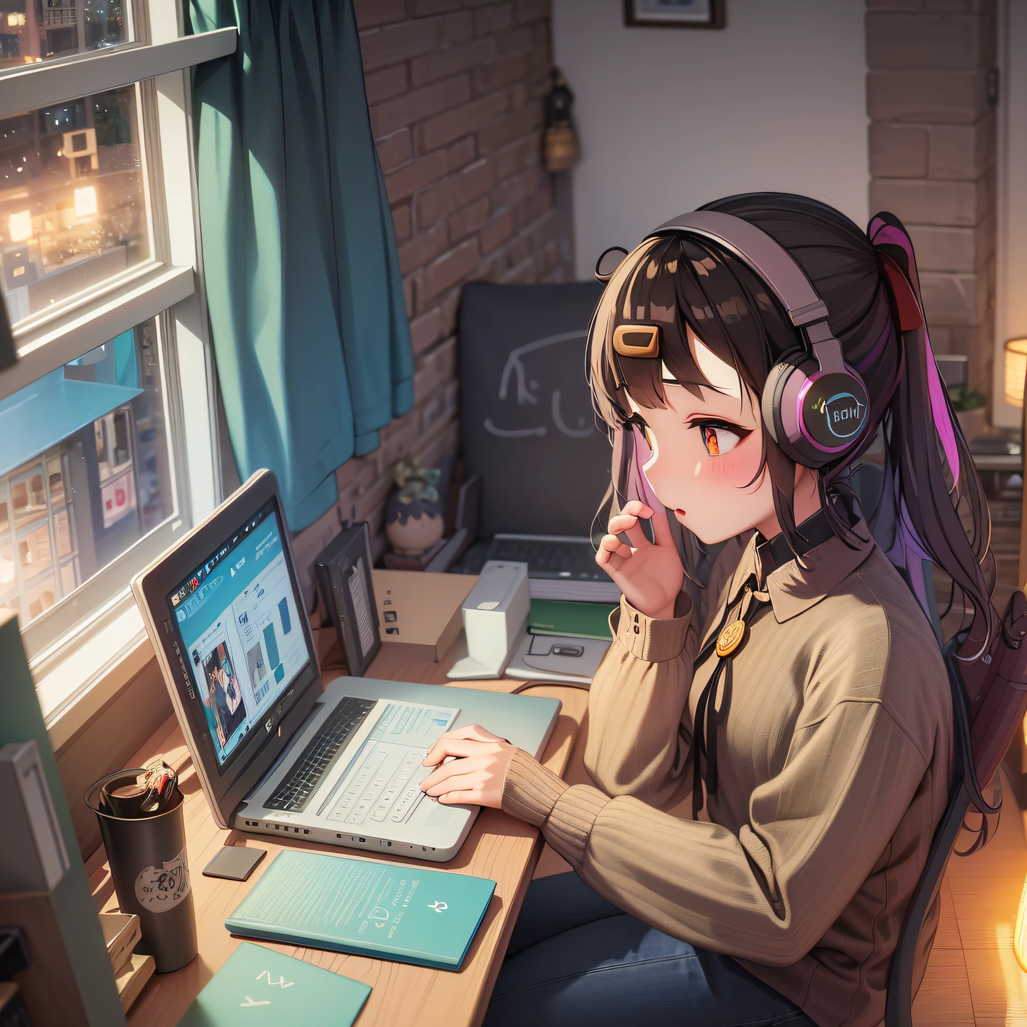 there is a girl sitting at a desk with a laptop and headphones, adorable digital painting, cute digital art, cute detailed digital art, lofi girl, digital anime illustration, lofi portrait, artwork in the style of guweiz, beautiful digital illustration, realistic cute girl painting, beautiful digital artwork, digital art on pixiv, studyng in bedroom