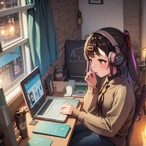 anime girl sitting at a desk with headphones on writing, anime style 4 ...