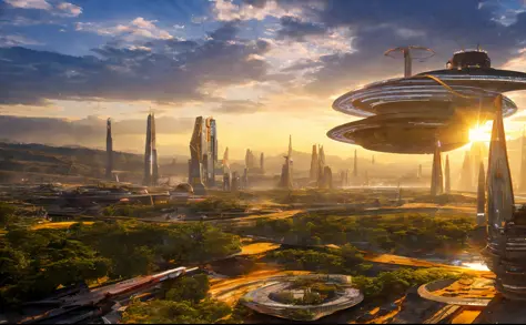 landscape of a futuristic city of science fiction, science fiction, ultra realistic, high resolution, city, sunlight, ultra detailed
