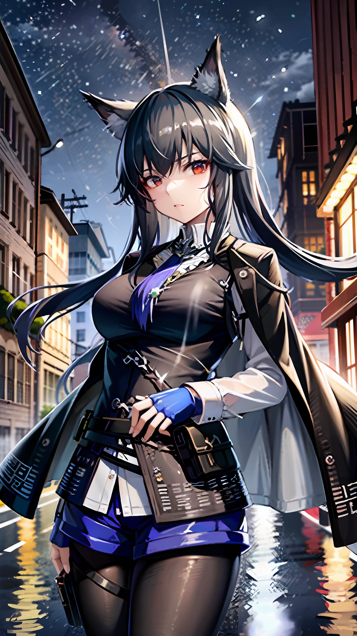 (8K, RAW photo, best quality, master:1.1), (realistic, photo-realistic), omertosa,1girl,arknights,cute,cityscape,night,rain,wet,city street,standing facing viewer,black hair,open clothes ,just_shoulders, Blue Skirt, black, Professional lighting, Photon maps, Radiosity, Physically Based Rendering,