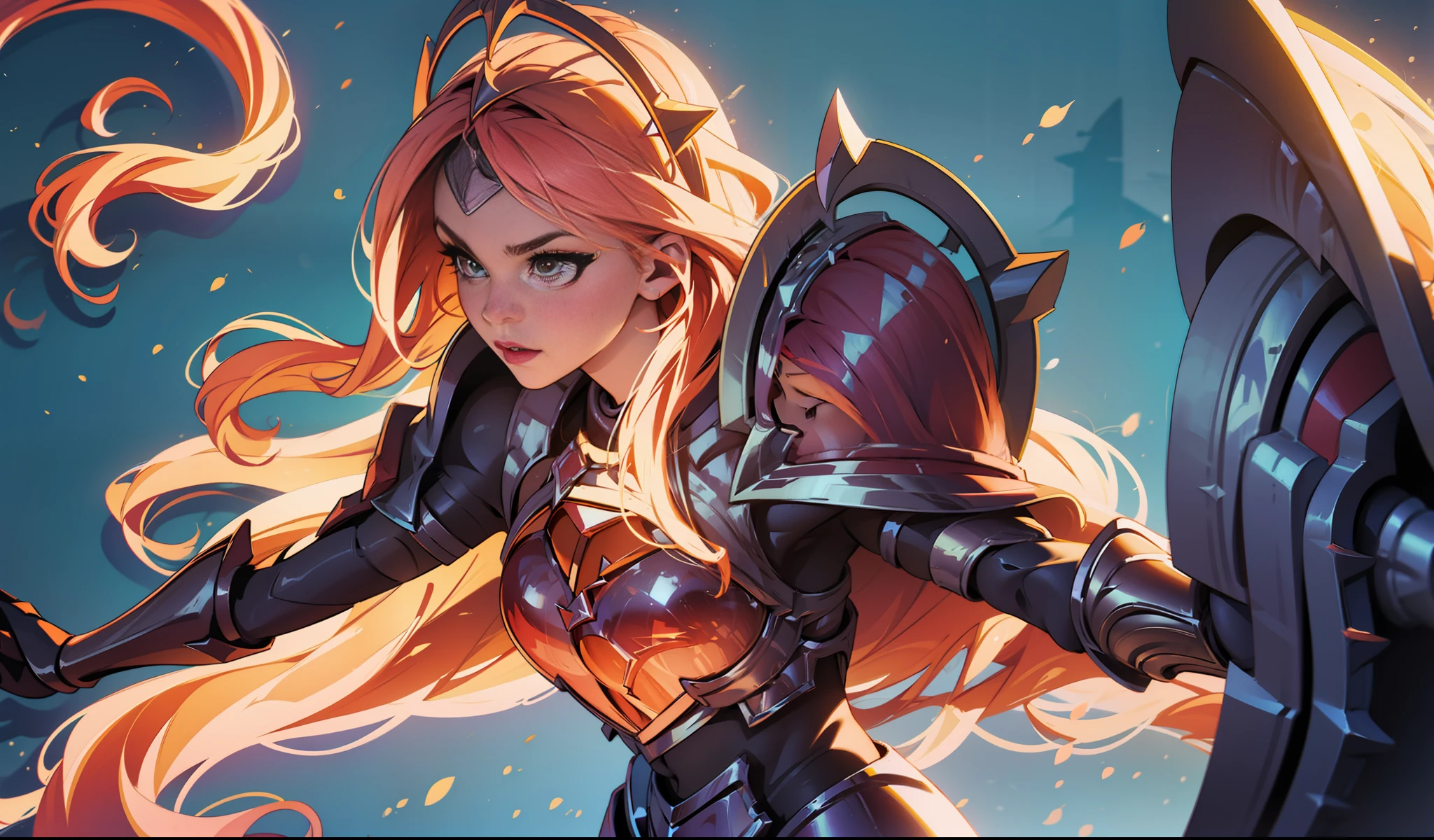 Bela paladina feminina com armadura deslumbrante, brilhando enquanto segura uma espada e um escudo. A arte conceitual da Riot Games inspirou esta obra de arte. A arte tem excelente qualidade, e você pode encontrá-lo no perfil Discord ou tendências no Artstation.