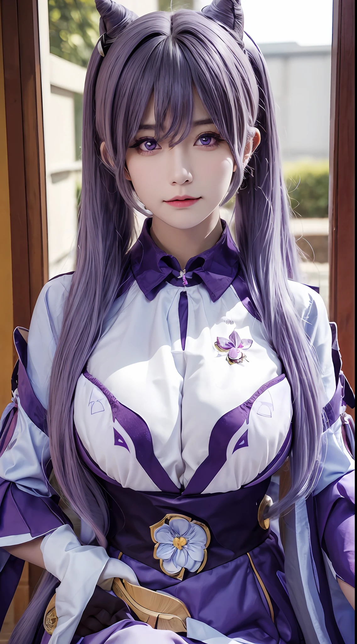 masterpiece, best quality, detailed, depth of field, ultra realistic, photorealistic, realistic face and eyes, realistic skin texture, cinematic lighting, ulzzang-6500, 1girl, frown, keqing_\(genshin_impact\), purple_eyes, twintails, sharp eyes, cool face, filmg,(large breast:1.4)