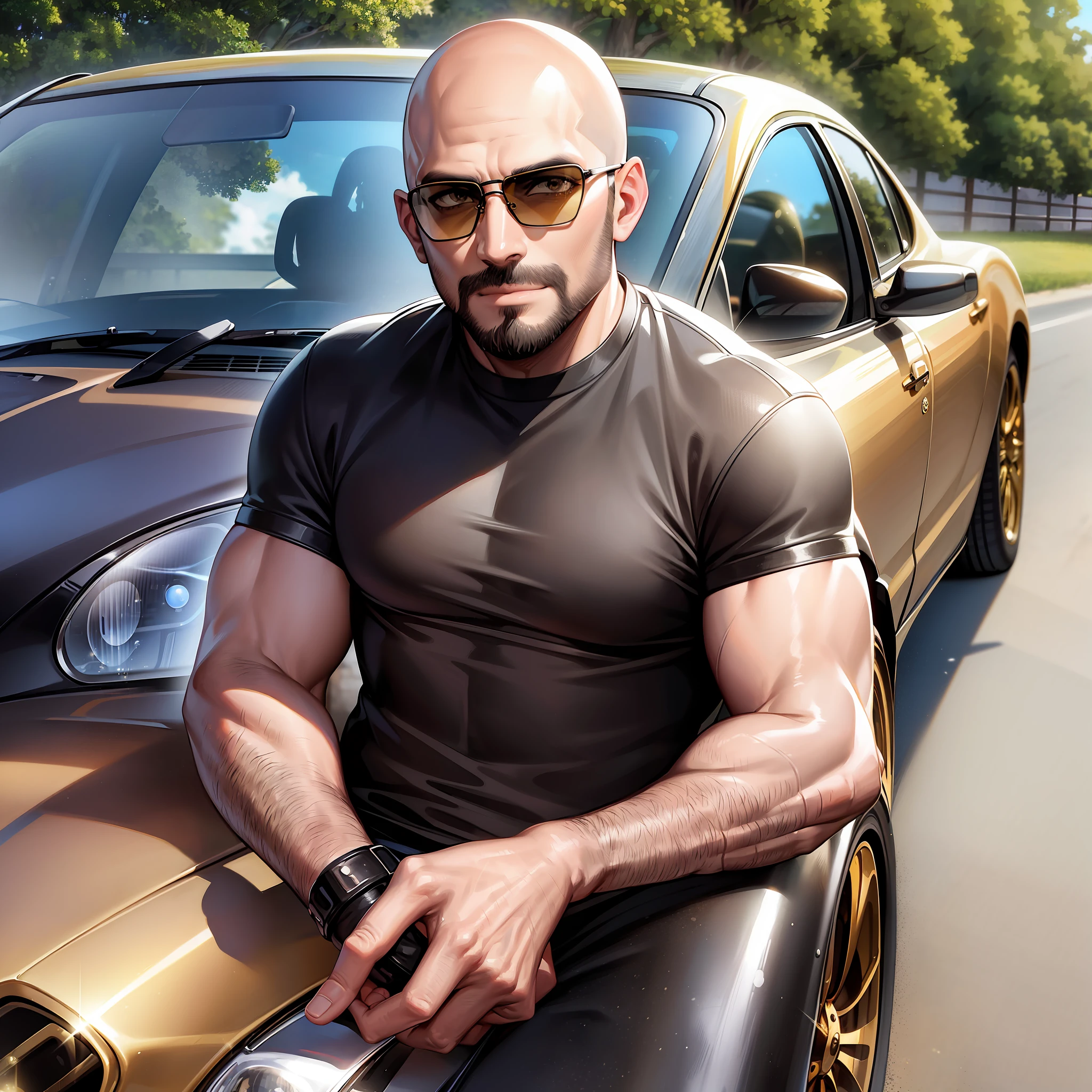 Brown eyes, bald,man, stubble beard, black t-shirt, sunglasses, hands crossed, next to golden Bugatti, on the road, looking at the viewer, cowboy shot, masterpiece