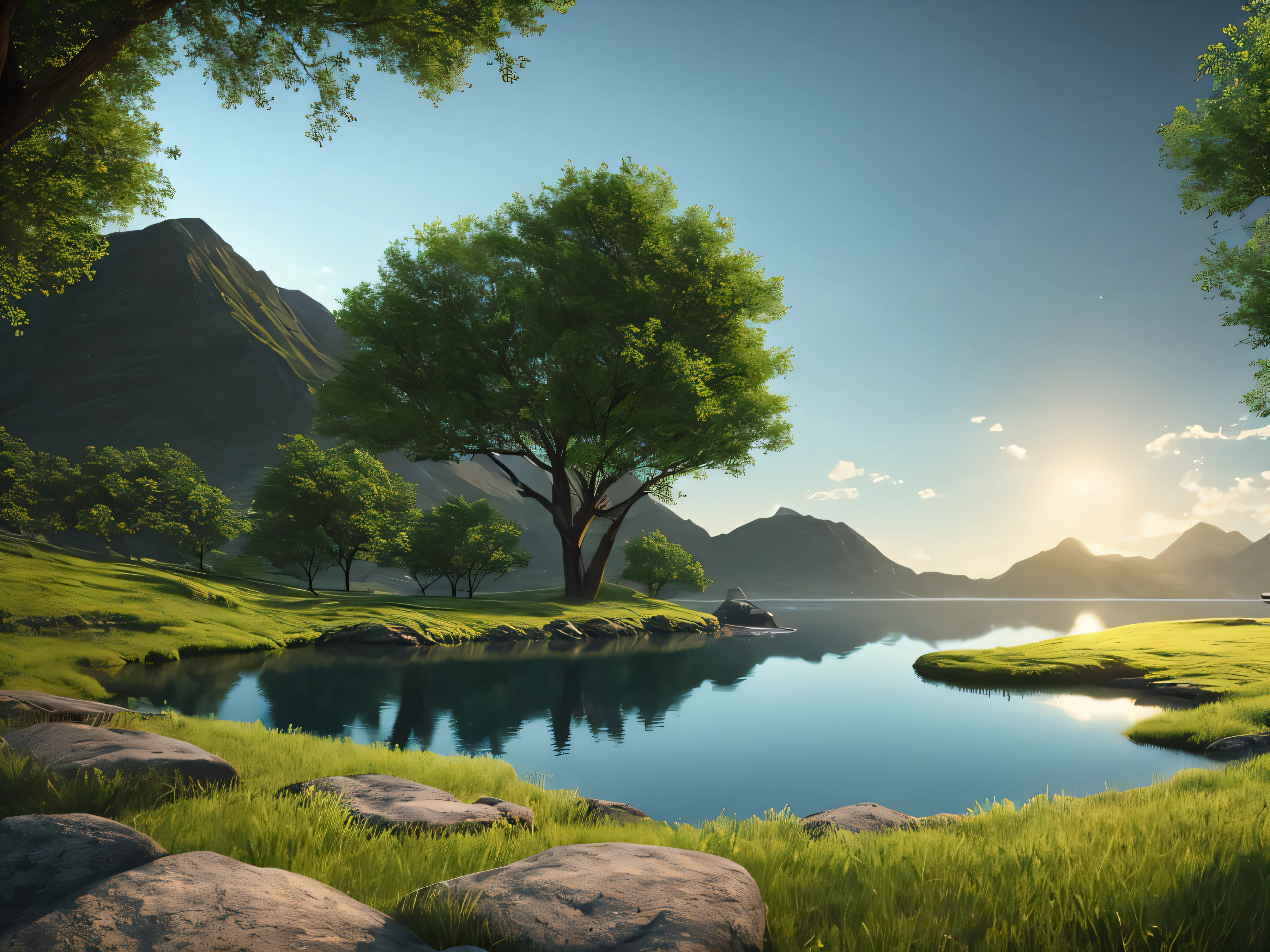 A peaceful place, very pleasant, aesthetic, calm, scenic. photorealistic, 8k uhd, studio quality, ultra realistic, max detail, massive scale, post-processing, realistic, photorealism, photoshop, photography, detailed, cinematic lighting, landscape, panoramic, landscape, raytracing, cinema4d