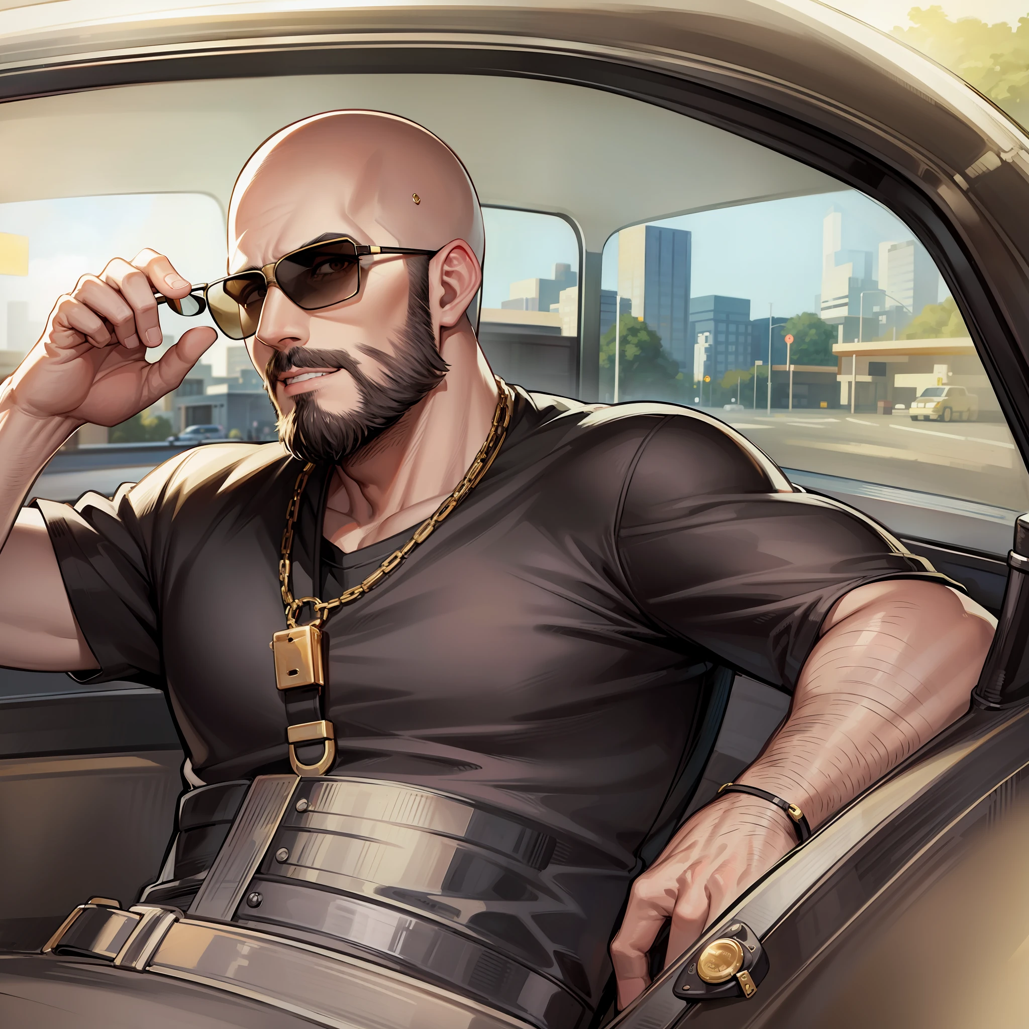 Brown eyes, bald,man, stubble beard, black t-shirt, sunglasses, in a golden Bugatti, on the road, looking at the viewer, cowboy shot, masterpiece