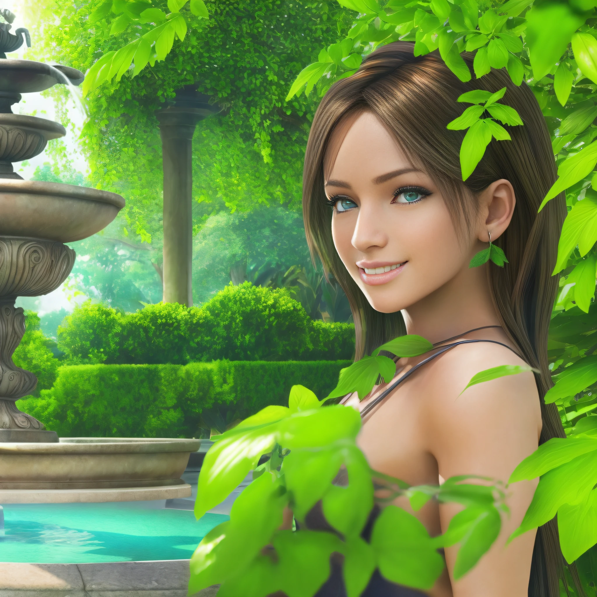 一位年轻女子在有喷泉的花园里, 白皙的皮肤, 细致的脸部, 完美的眼睛, 茂盛的绿色植被, 温和的天气, 灿烂的笑容, 正面照, (极其详细的 Unity 8k 壁纸, 最好的质量, 杰作)