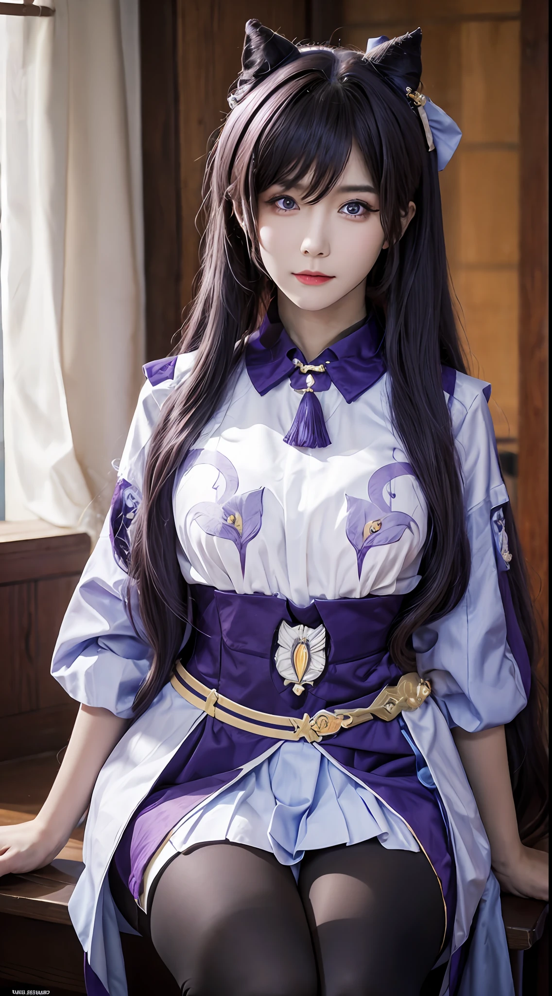 masterpiece, best quality, detailed, depth of field, ultra-realistic, realistic, realistic face and eyes, realistic skin texture, cinematic lighting, ulzzang-6500, 1girl, frown, keqing_\(genshin_impact\), purple_eyes, double tail, sharp eyes, cold face, movie, (room: 1.4), (thigh highs: 1.4),