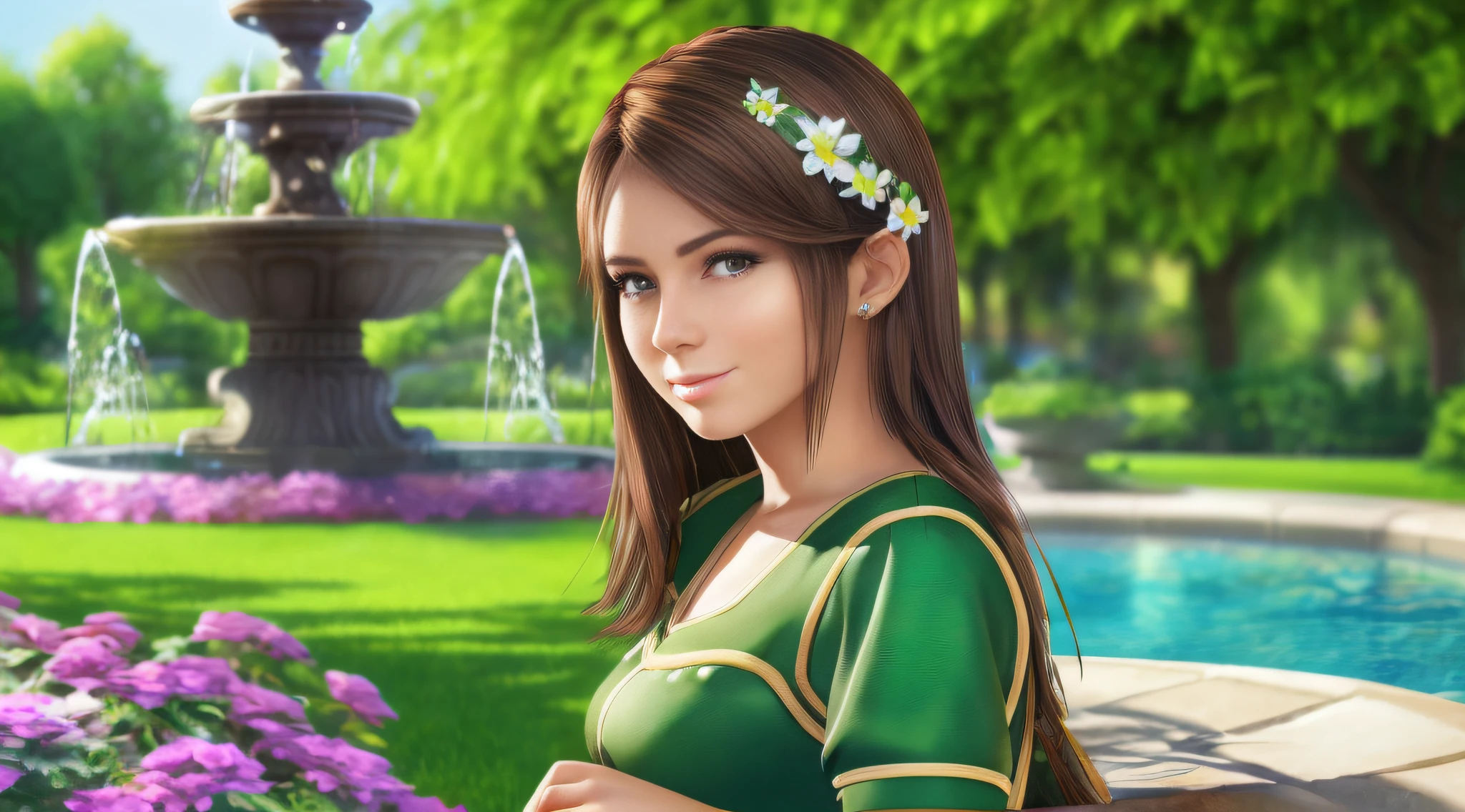 一名年輕女子在 (有噴泉的花園), 白皙的皮膚, 詳細的臉部, 完美的眼睛, (棕色的頭髮), (鬱鬱蔥蔥的綠色植被), 溫帶天氣, 笑容真好, 正面照, 穿著夏季服裝, (極度細緻的Unity 8K壁紙, 最好的品質, 傑作)