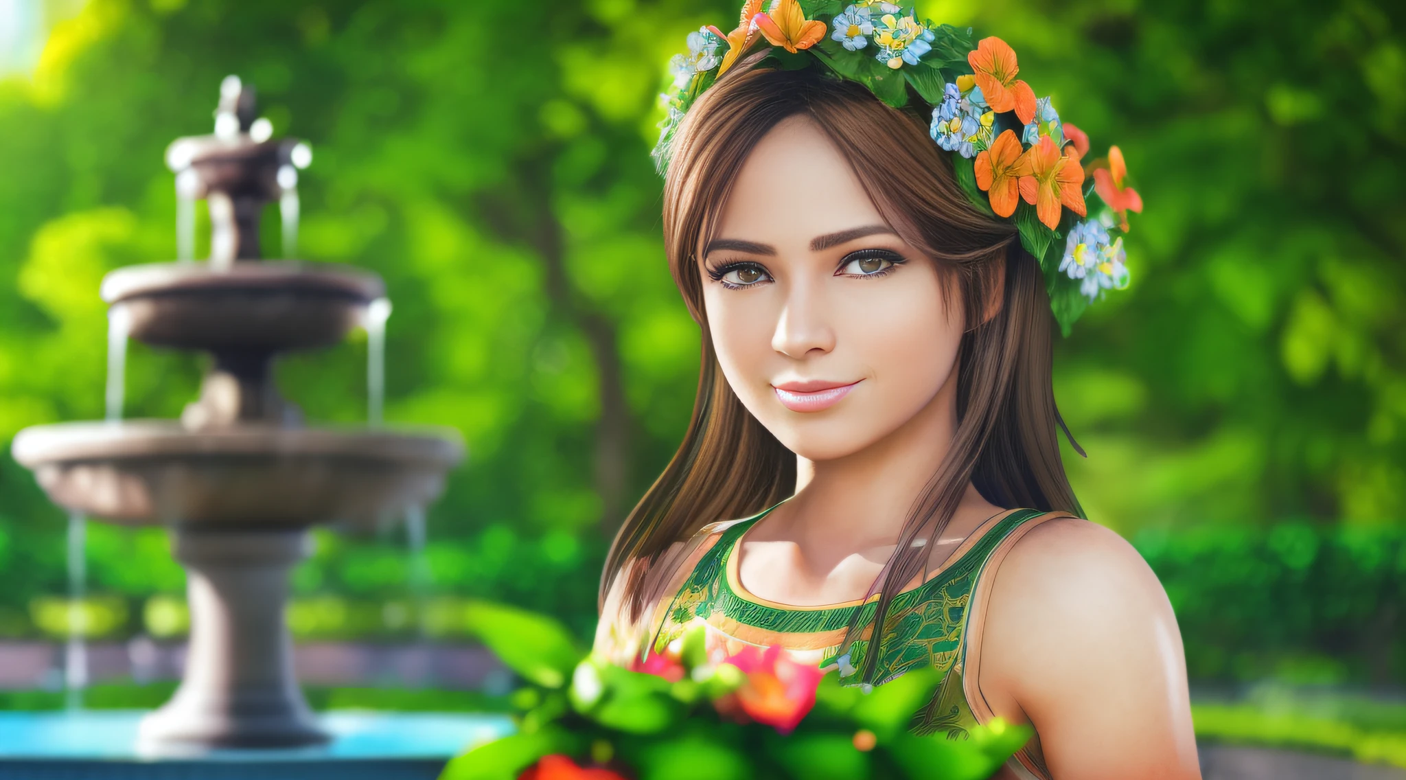 one young woman on a (garden with a fountain), fair skin, detailed face, perfect eyes, (brown hair), (lush green vegetation), temperate weather, nice smile, front shot, wearing summer attires, (extremely detailed unity 8k wallpaper, best quality, masterpiece)