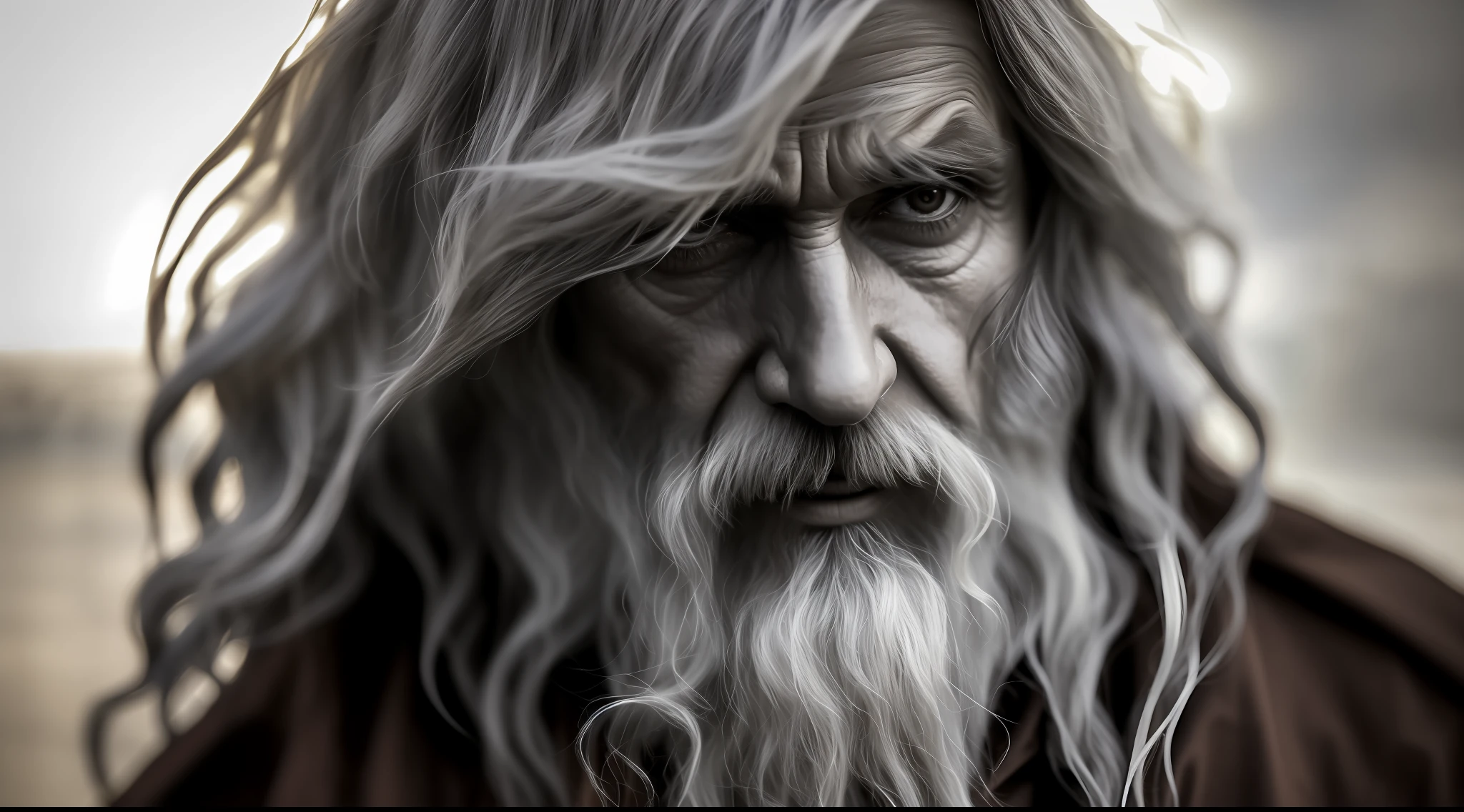 Realistic photography, closeup of white old man, dirty enoch biblical character, long gray hair, eye focus, 50mm f/1.4, hdr masterpiece, dramatic lighting, epic, hair in the wind, wearing brown tunic, israel city before christ,