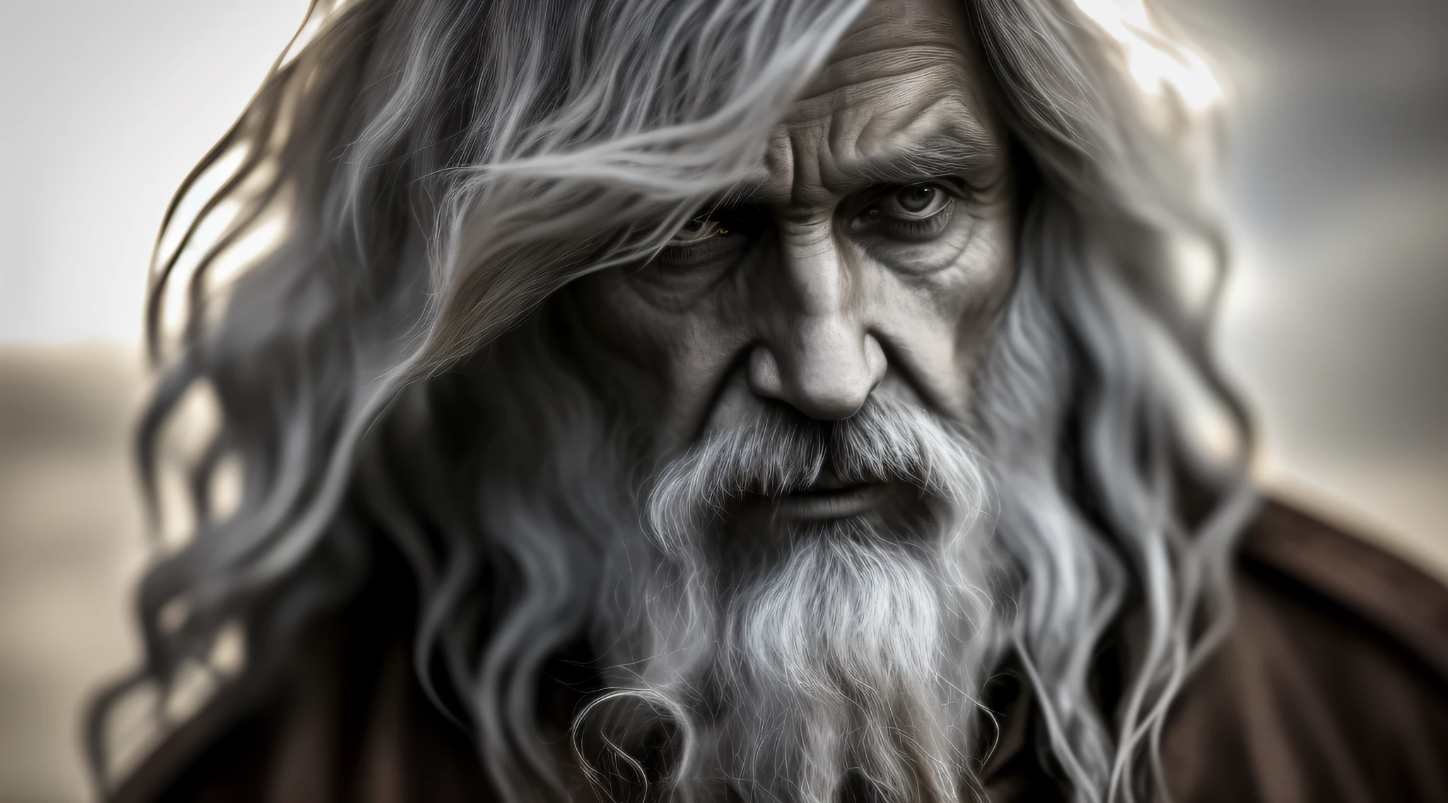 Realistic photography, closeup of white old man, dirty enoch biblical character, long gray hair, eye focus, 50mm f/1.4, hdr masterpiece, dramatic lighting, epic, hair in the wind, wearing brown tunic, israel city before christ,