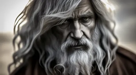 Realistic photography, closeup of white old man, dirty enoch biblical character, long gray hair, eye focus, 50mm f/1.4, hdr mast...