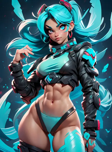 solo, girl with goth colors, (fit, muscular abs), She has ((turquoise hair))
 (wears black thong, red pattern:1.2), (cameltoe)
detailed eyes, She has ((turquoise hair), 
(clear background:1.35), (particles ,firefly, blue glowing):1.3, 
photo-realistic, rea...