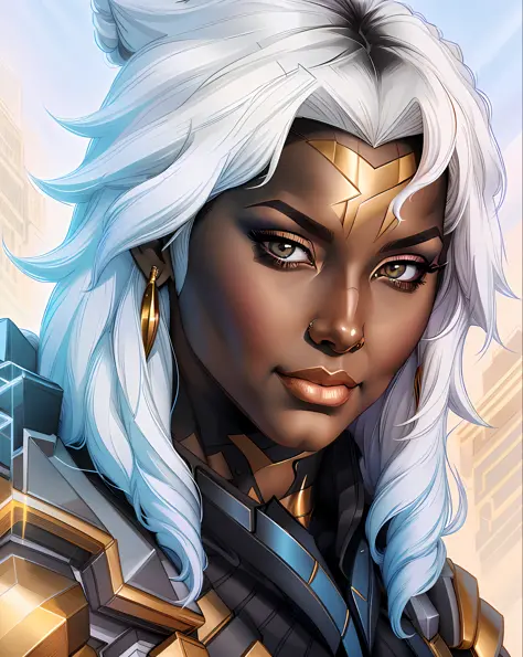 a close up of a woman in a black and gold outfit, portrait of ororo munroe, by Ross Tran, ross tran 8 k, chris moore. artgerm, r...