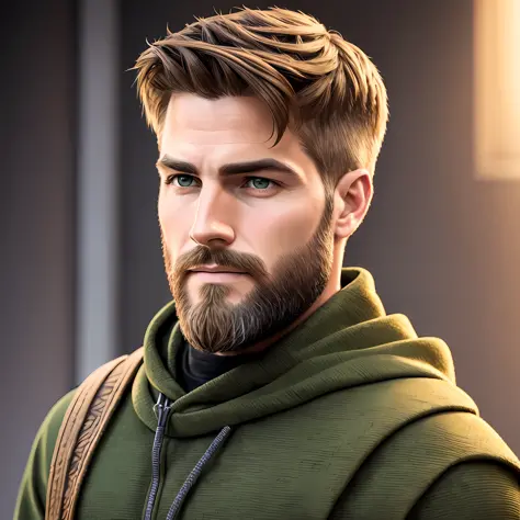 arafed man with a beard and a green hoodie looks at the camera, very attractive man with beard, short dark blond beard, 8k portr...