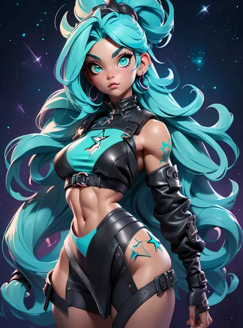 ((Best Quality)), ((Masterpiece)), ((Realistic)) and ultra-detailed photography of a girl with goth colors. She has ((turquoise hair)), wears a small black micro-thong, black micro-bikini , ((beautiful and aesthetic)), muscular fit body abs, sexy, under-bo...