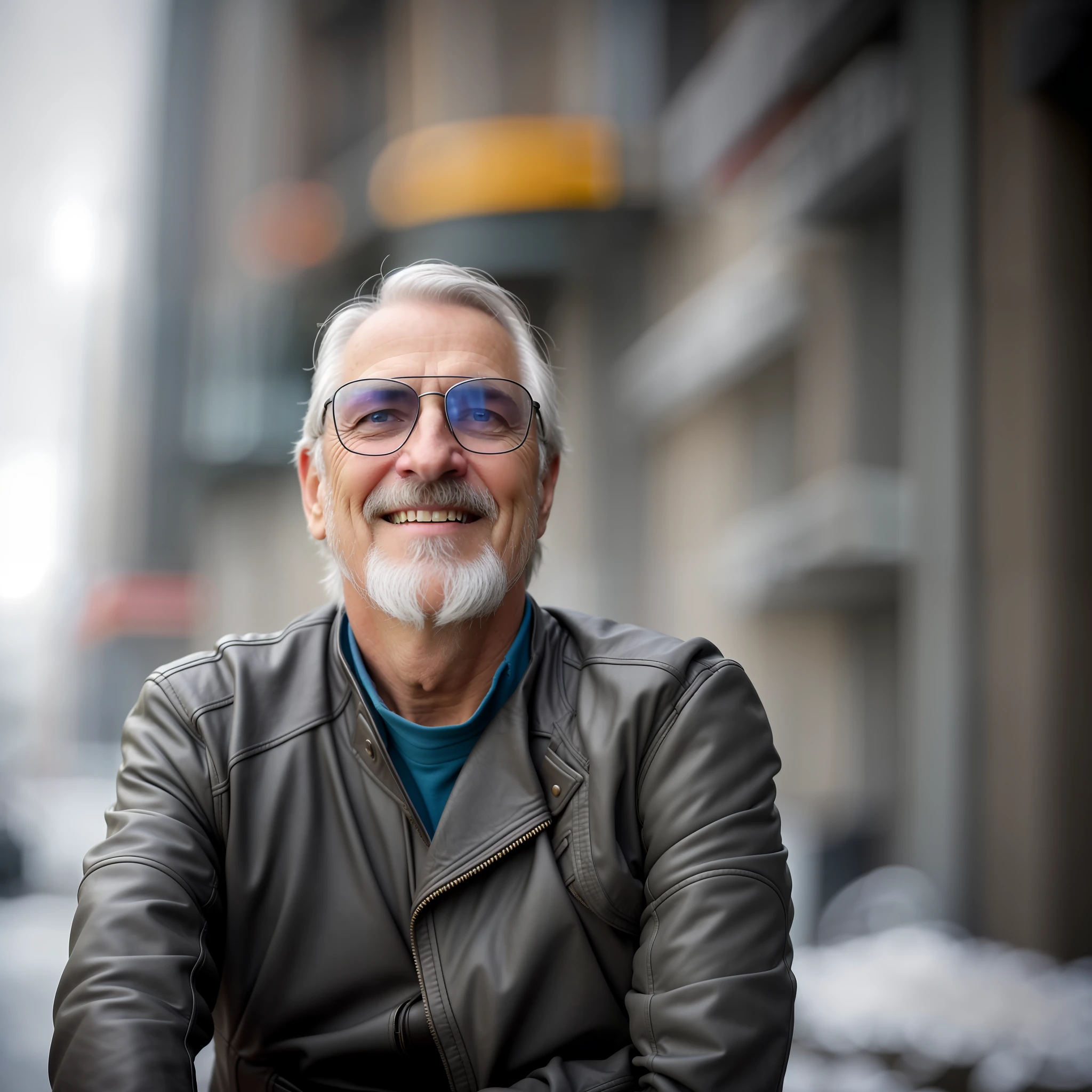 Realistic photography, closeup of male 55yo dirty, gray hair, focus on eyes, 50 mm f/1.4, hdr masterpiece,dramatic lighting, epic, hair in wind, wearing leather , light snowing, post apocalyptic city, year 2590