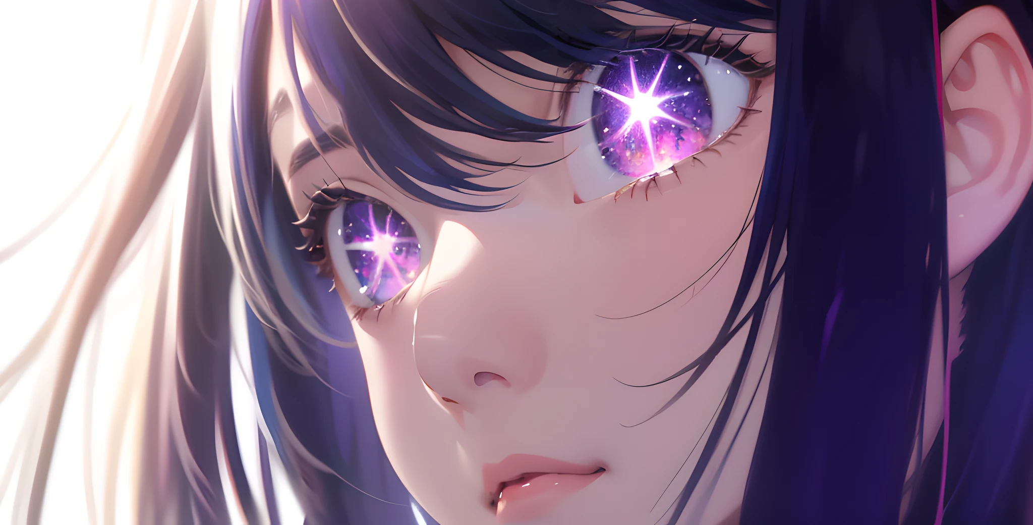 Hoshino AI, Oshi no Ko, anime girl with purple eyes and long hair looking at the camera, colorful lens reflections, glitter gif, stars in her fixed eyes, light through glass, breathtaking rendering, extreme close-up, cg anime art, attractive anime girl, beautiful anime girl, kantai collection style, seductive beautiful anime woman,  detailed digital anime art, beautiful anime woman, beautiful anime girl, | Fine detail anime, (Anime Girl), best quality, masterpiece, ultra-detailed, beautiful, highres, original, absurd, ultra realistic 8K CG, perfect artwork, (((perfect female figure)), mature female, narrow waist, chinese deity looking at viewer, seductive posture, sexy pose, seductive, clean, beautiful face, pure face, skin, hyper realistic, ultra detailed, detailed eyes, lush body, dramatic lighting,  dynamic pose, (realistic) realistic, (masterpiece:1.3), (absurdists:1.3), (best quality:1.3), HD, FULL HD, bright lights, best quality, best quality, beautiful lighting, outdoor, (8k extremely detailed CG unit wallpaper), high details, sharp focus, dramatic and photorealistic midjourney painting art, photorealistic, red bikini, smile, beautiful smile, seductive smile, incredibly detailed face,  hyper detailed face,hyper realistic face, face with lots of detail