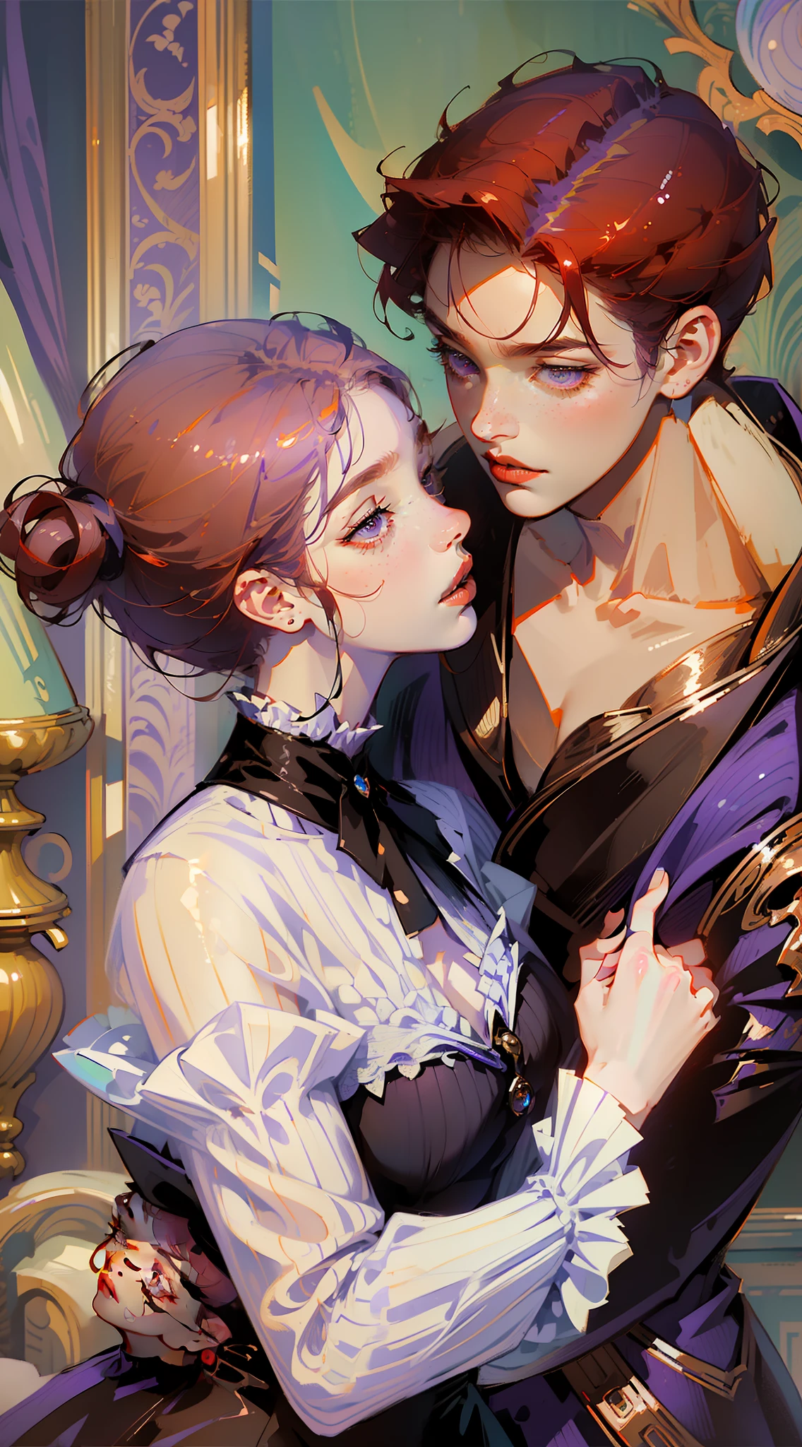 ((masterpieces)), best quality, exceptional illustration, a couple kissing, soft focus, (1 man with short red hair, RED EYES), (1 girl), (((short violet hair))) and shredded, PURPLE EYES), Victorian clothing, Victorian romanticism, opulent and exquisite atmosphere, soft light and warm lighting. (((SPECIFIC CHARACTERISTICS)))