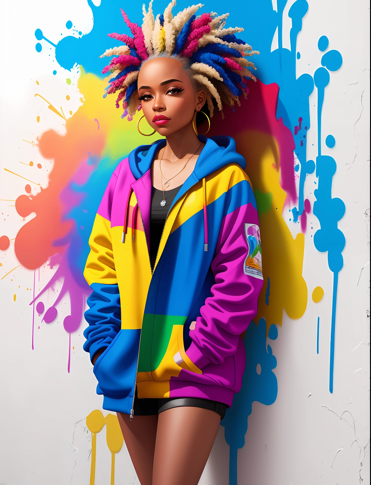 Graffiti painting, street art, 16k extremely detailed CG unit wallpaper, 16k landscape, artwork, masterpiece, best quality, amazing light strokes, of an African American woman with platinum hair in graffiti style on a white wall with vibrant colors.