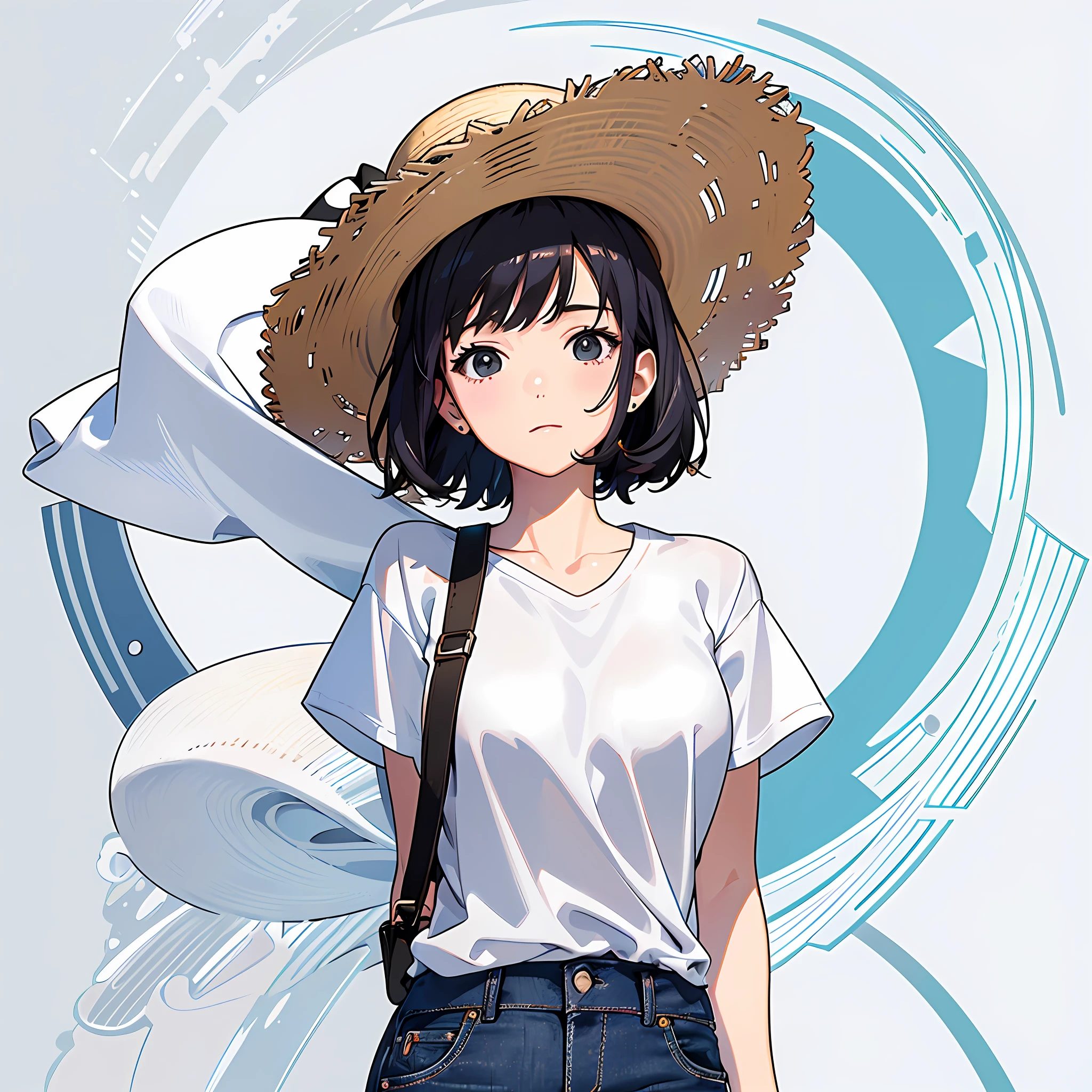 (Person Sticker:1.2), Simple design, white plain background,Full body of one girl in jeans in plain white shirt,Short cut with black hair,upright,straw hat