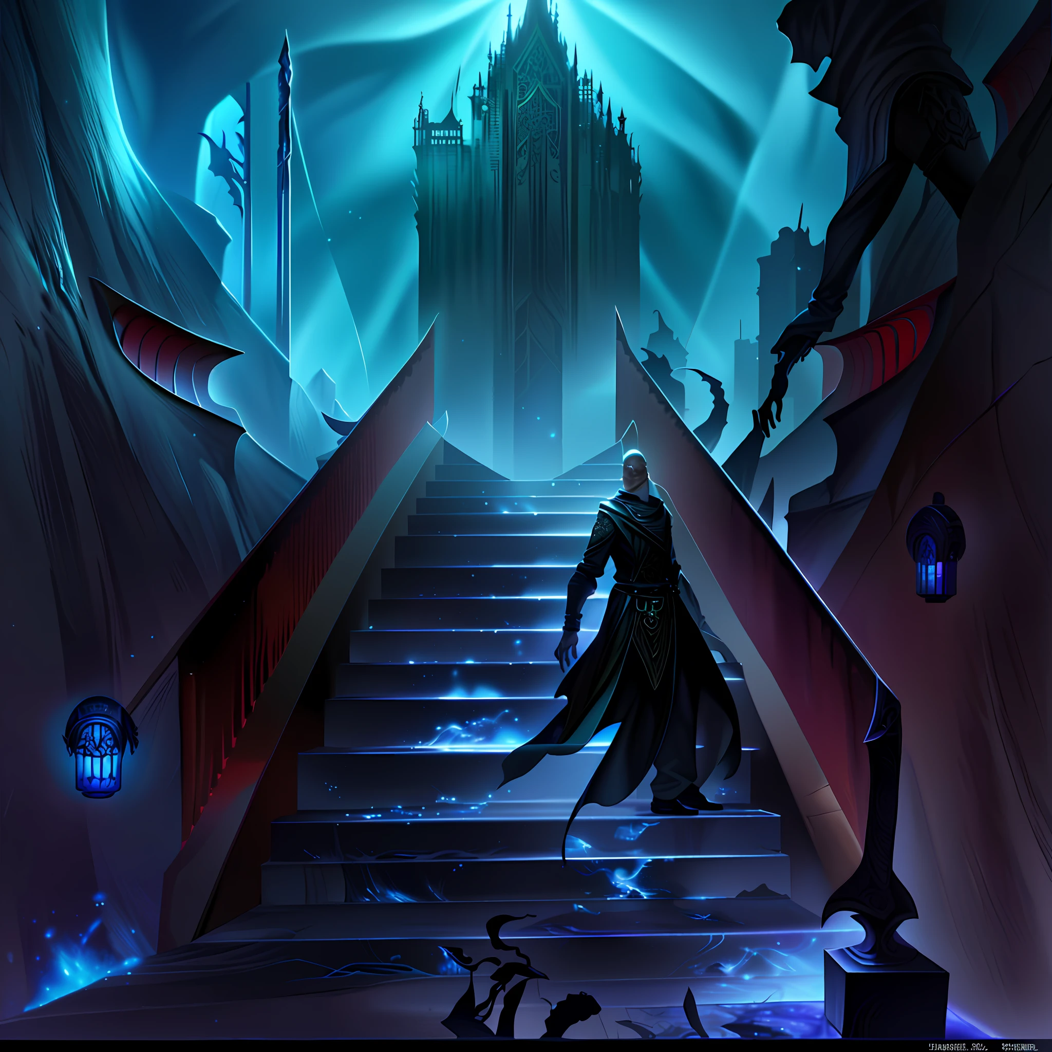 there is a man walking up a flight of stairs in a dark room, litrpg novel cover, an ominous fantasy illustration, stylized urban fantasy artwork, novel cover art for a book, cover game art, inspired by Michael Whelan, epic fantasy novel cover art, illithid, inspired by Carl Spitzweg, inspired by Don Maitz, dramatic entry