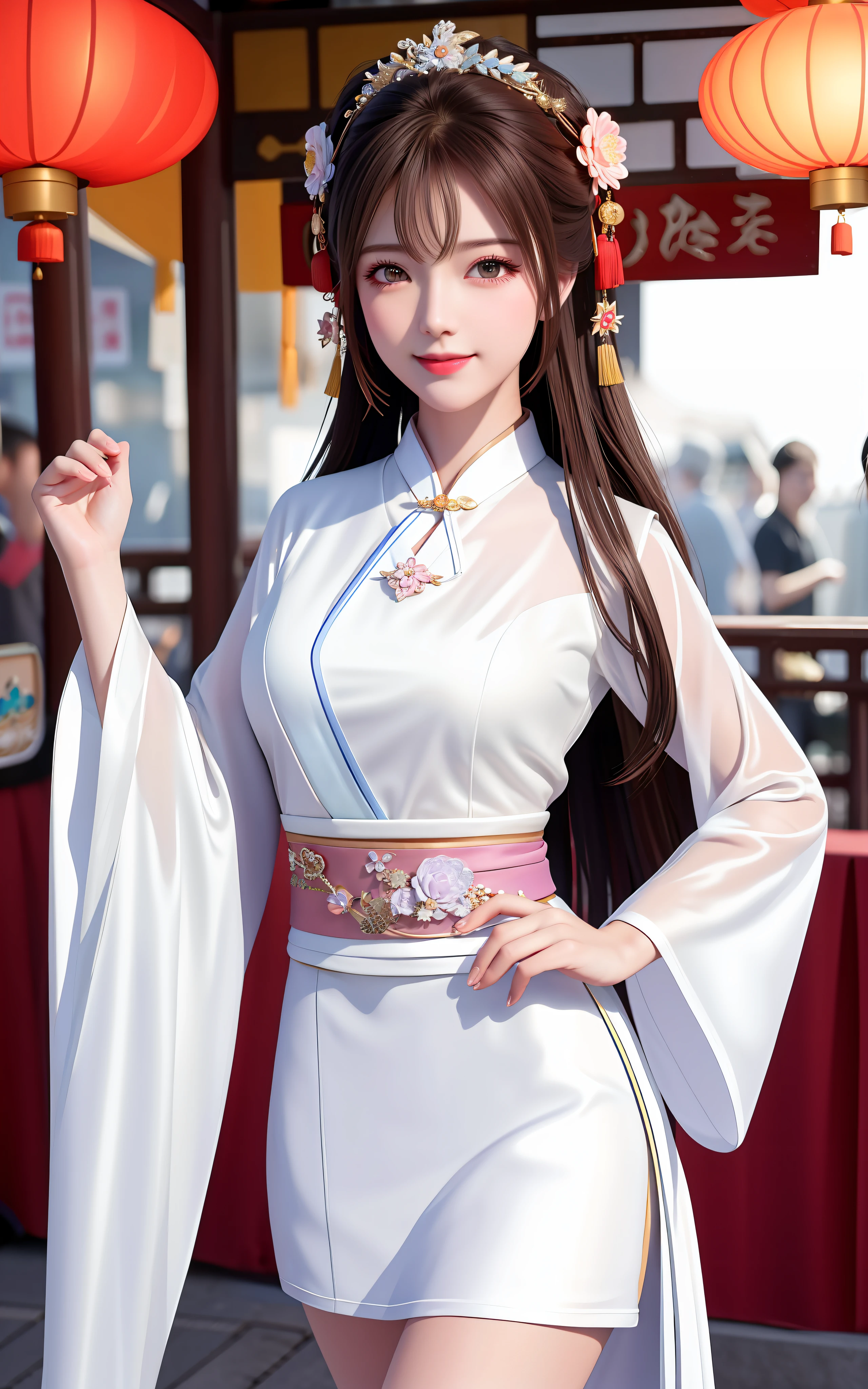 Superb Quality, Masterpiece, High Resolution, 1Girl, Blush, (Seductive Smile: 0.8), Star Eyes, Chinese Hanfu, Hair Accessories, Necklaces, Jewelry, Beauty, on_body, Tyndall Effect, Realistic, Shadow Room, Light Edge, Two-tone Lighting, (High Detail Skin: 1.2), 8K UHD, SLR, Soft Light, High Quality, Volume Lighting, Candid Photo, High Resolution, 4K, 8K, Background Blur, White Crop Top T-shirt, Shorts, Walking in the Night Market Stall, There are many barbecue stalls around