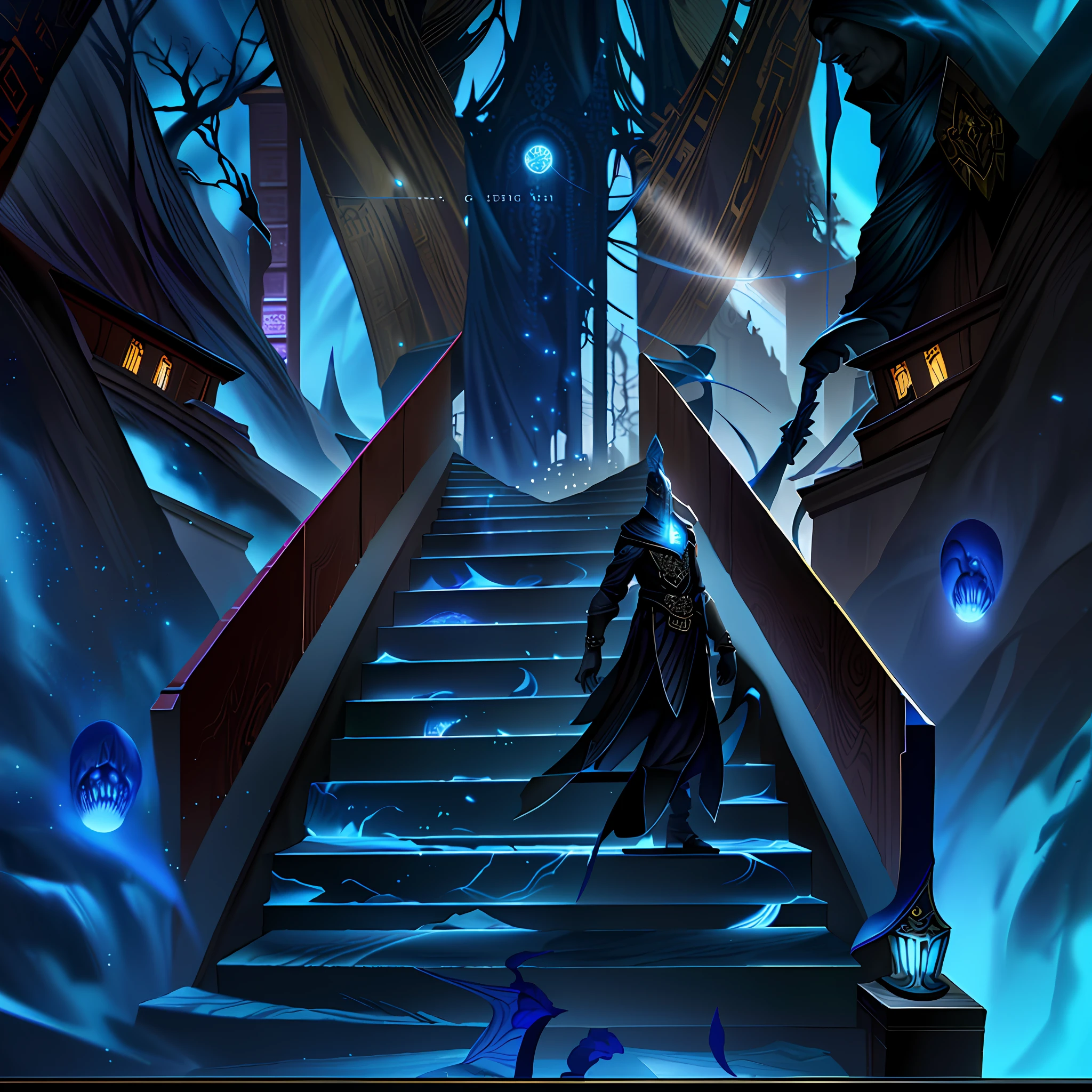 there is a man walking up a flight of stairs in a dark room, litrpg novel cover, an ominous fantasy illustration, stylized urban fantasy artwork, novel cover art for a book, cover game art, inspired by Michael Whelan, epic fantasy novel cover art, illithid, inspired by Carl Spitzweg, inspired by Don Maitz, dramatic entry