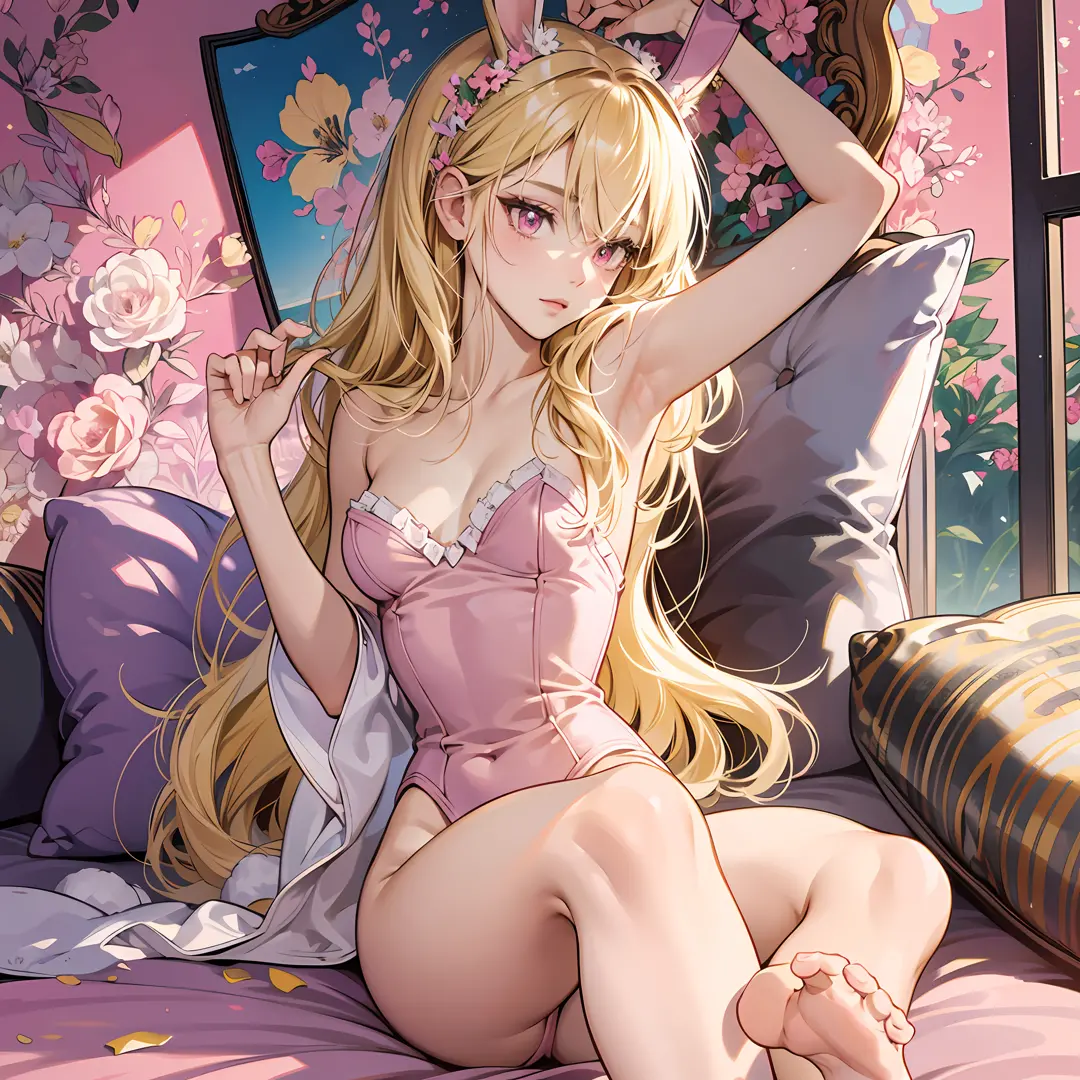 "Masterpiece, best quality, ultra-detailed, illustration, portrait, naked tickling bunny girl, slender legs, distinctive pink eyes, blonde hair plus seemingly pink, prompts the following code: " --auto --s2