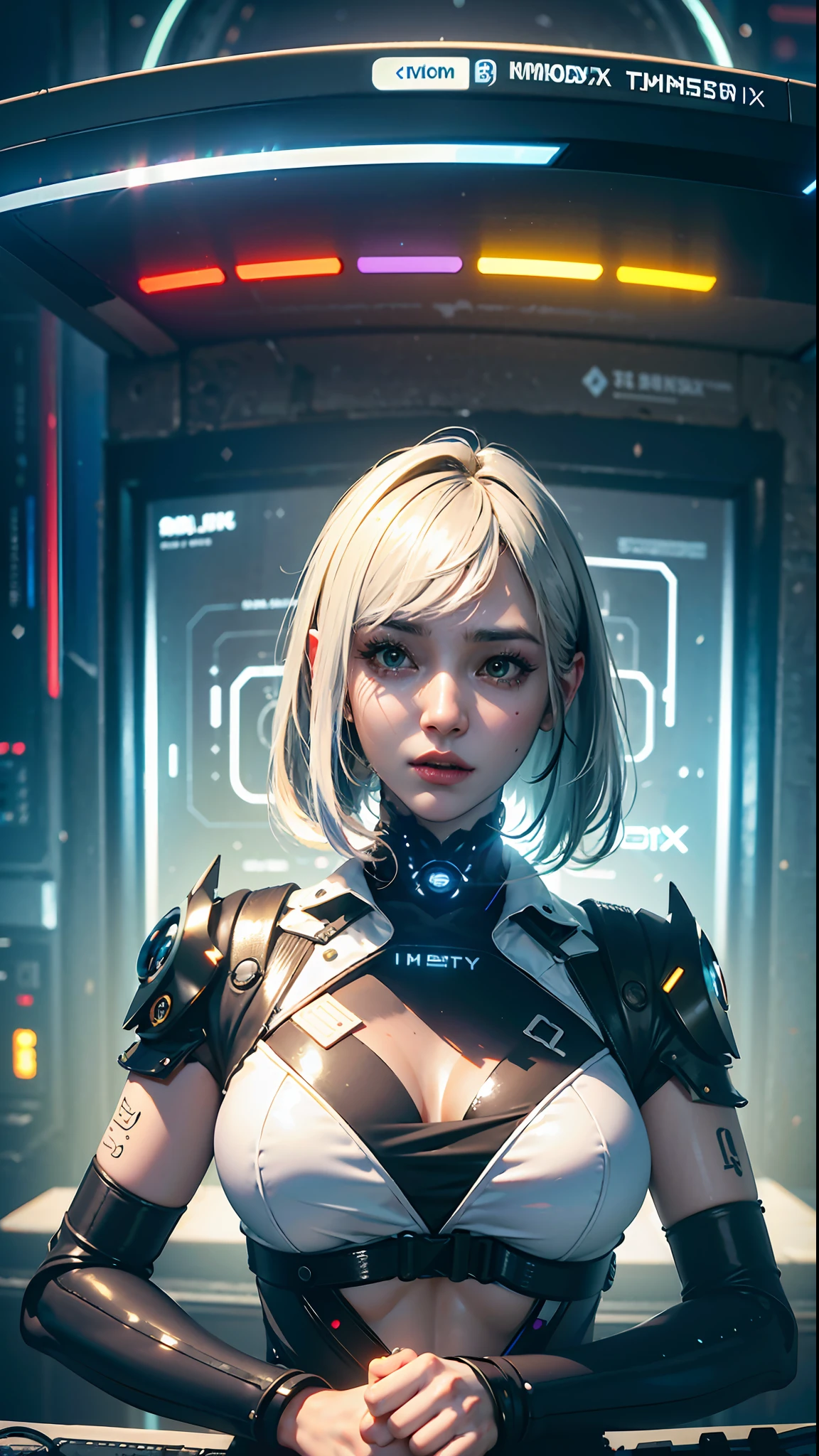 ((Best quality)), ((masterpiece)), (highly detailed:1.3), 3D, beautiful (cyberpunk:1.3) female hacker with thick voluminous hair operating a computer terminal, computer servers, LCD screens, fibre optic cables, corporate logos,HDR (High Dynamic Range),Ray Tracing,NVIDIA RTX,Super-Resolution,Unreal 5,Subsurface scattering,PBR Texturing,Post-processing,Anisotropic Filtering,Depth-of-field,Maximum clarity and sharpness,Multi-layered textures,Albedo and Specular maps,Surface shading,Accurate simulation of light-material interaction,Perfect proportions,Octane Render,Two-tone lighting,Low ISO,White balance,Rule of thirds,Wide aperature,8K RAW,Efficient Sub-Pixel,sub-pixel convolution,luminescent particles,