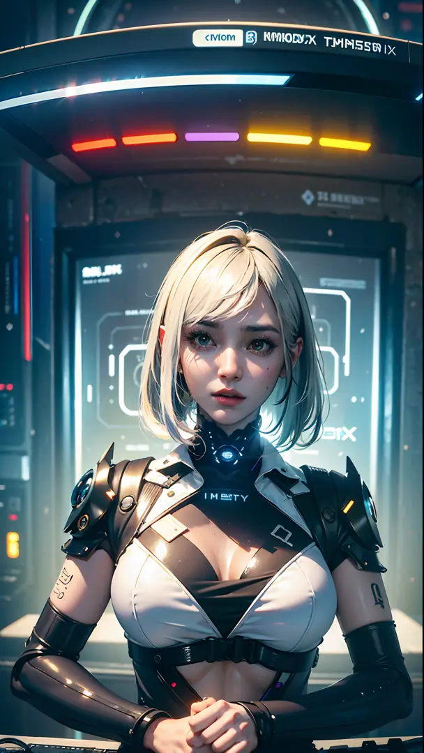 ((Best quality)), ((masterpiece)), (highly detailed:1.3), 3D, beautiful (cyberpunk:1.3) female hacker with thick voluminous hair...