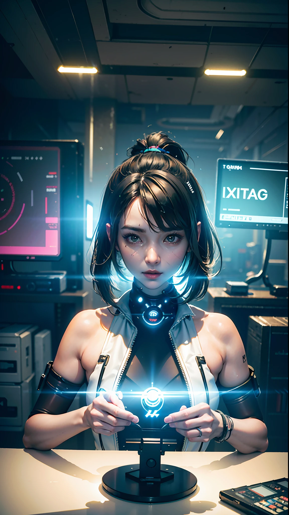 ((Best quality)), ((masterpiece)), (highly detailed:1.3), 3D, beautiful (cyberpunk:1.3) female hacker with thick voluminous hair operating a computer terminal, computer servers, LCD screens, fibre optic cables, corporate logos,HDR (High Dynamic Range),Ray Tracing,NVIDIA RTX,Super-Resolution,Unreal 5,Subsurface scattering,PBR Texturing,Post-processing,Anisotropic Filtering,Depth-of-field,Maximum clarity and sharpness,Multi-layered textures,Albedo and Specular maps,Surface shading,Accurate simulation of light-material interaction,Perfect proportions,Octane Render,Two-tone lighting,Low ISO,White balance,Rule of thirds,Wide aperature,8K RAW,Efficient Sub-Pixel,sub-pixel convolution,luminescent particles,