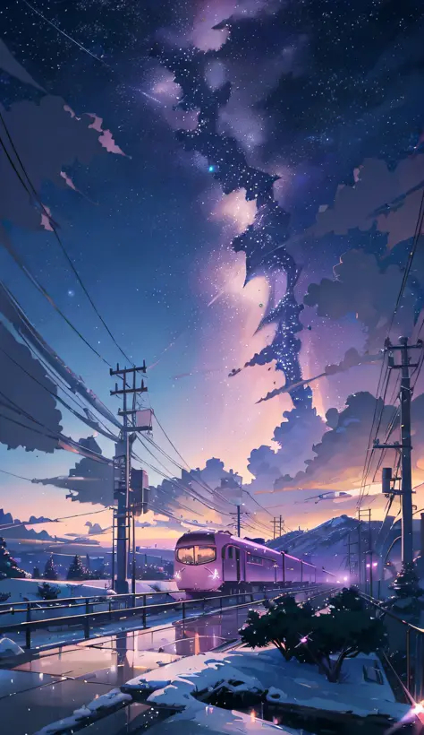 (((Makoto Shinkai style)),pixiv,anime drawing,high quality,pink purple sky,beautiful scene),(universe,train passing,magical realism,((makoto shinkai style)) ::0.8), [Artistic Atmosphere, Atmosphere:0.8, Starry Sky, Hills, Snow Mountain, Sparkling Water, Gr...
