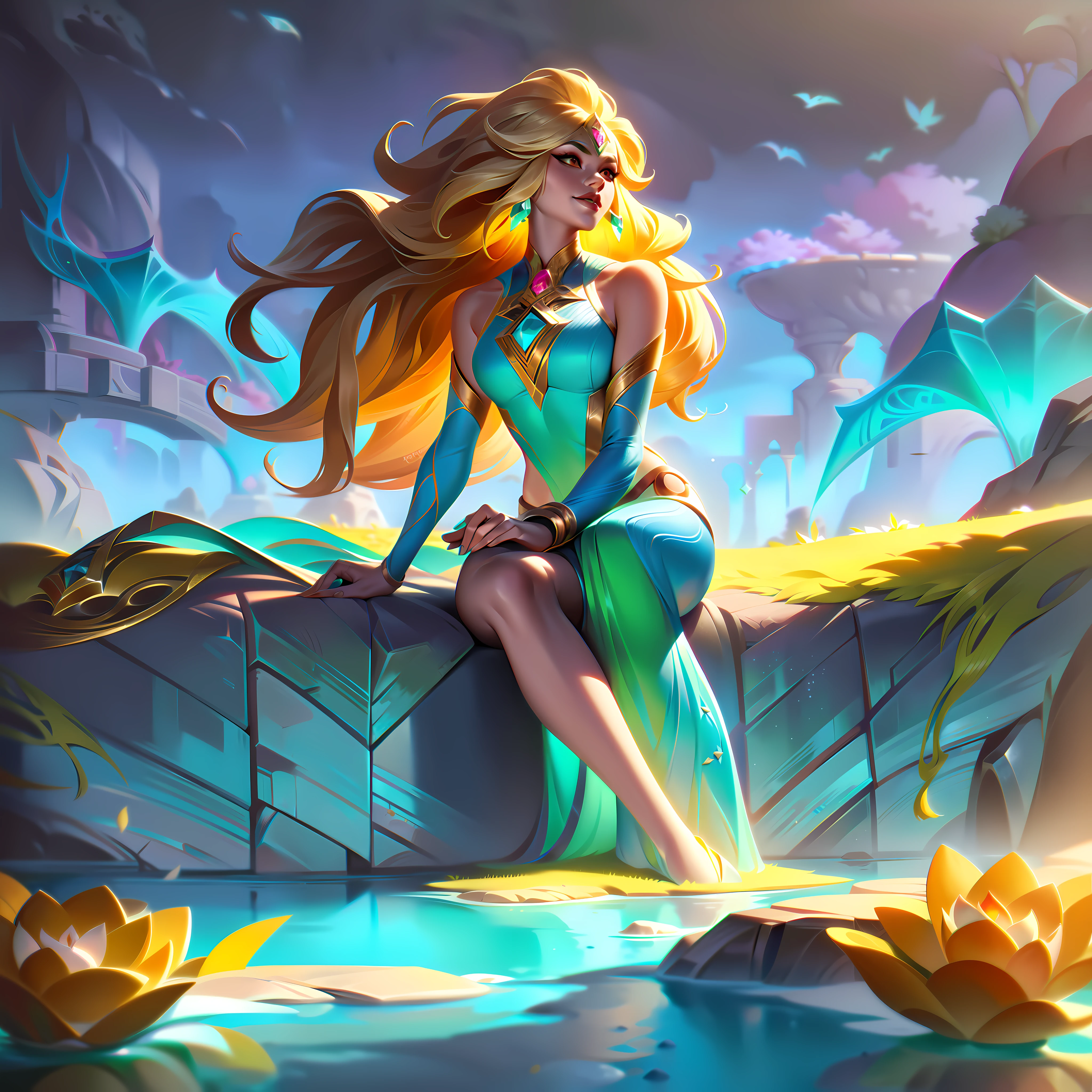 Nilah de League of Legends, mais avec longtemps, cheveux blonds bouclés tenant son fouet avec des fleurs incrustées pour qu&#39;elles ressemblent à des pousses, elle est assise gracieusement sur un rocher au-dessus d&#39;un lac cristallin vert d&#39;eau avec des fleurs jaune pâle, son vêtement aux tons jaunes pastel et aux textures colorées aux dégradés parfaits et prestigieux,  Splashart, lignes du corps, couleurs vives, détails exquis, Cinématique, Station artistique, Visage détaillé, par rossdraws, par Kienan Lafferty