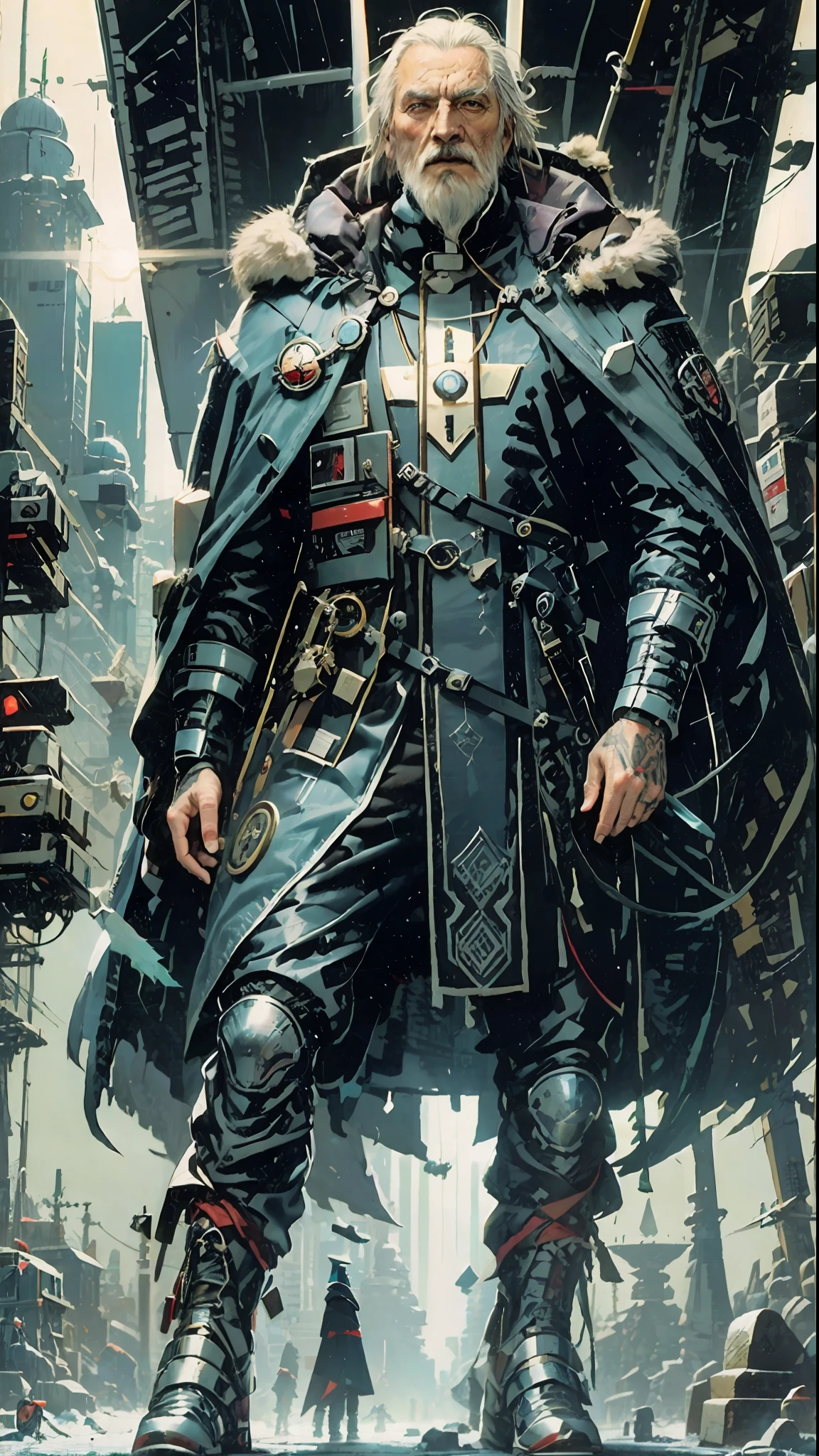 a 70 year old man, full body, cold, layers of clothes, futuristic suit Cyberpunk, librarian, writer, bulky clothes, futuristic clothes, [Liam Neeson] priest, librarian, short hair, big top, pointed white beard, tattoo on eye, stylized sun tattoo on right eye, futuristic clothes, layered clothes, robe, cloak with hair, cold inspired by Adrienn Henczné Deáki, pants, cold, cloak hair,  inspired by Olivia de Berardinis