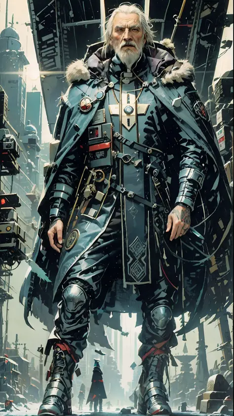 a 70 year old man, full body, cold, layers of clothes, futuristic suit Cyberpunk, librarian, writer, bulky clothes, futuristic c...