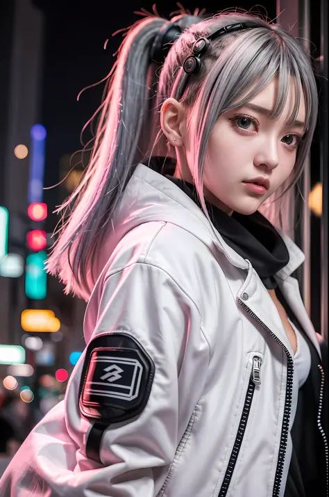 lucy \(cyberpunk\), 1girl,  hair scrunchie, hime cut, silver hair, colored tips, full moon, grey eyes, jacket, long sleeves, loo...