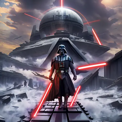 "(darth vader), advancing toward the sun on top of a mountain, ruins of the ancient jedi temple in the background, dramatic ligh...