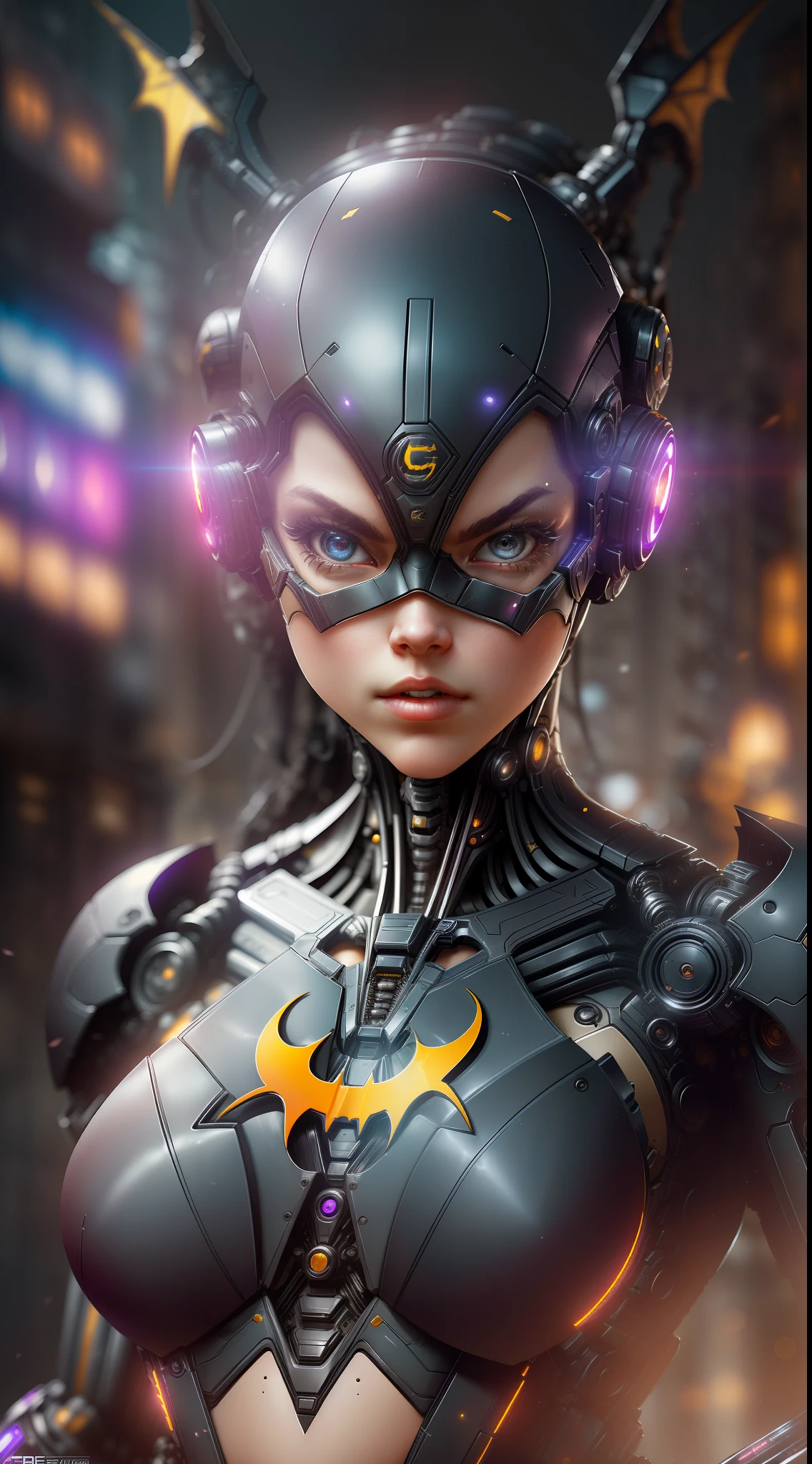 Batgirl from DC photography, biomechanical, complex robot, full growth, hyperrealistic, insane small details, extremely clean lines, cyberpunk aesthetic, masterpiece featured on Zbrush Central