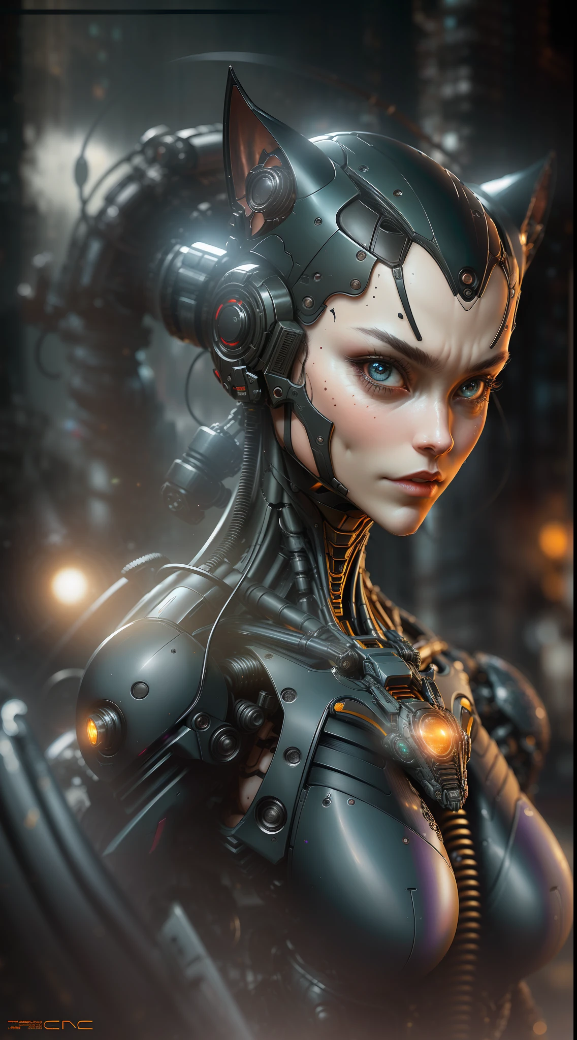 Catwoman from DC photography, biomechanical, complex robot, full growth, hyper-realistic, insane small details, extremely clean lines, cyberpunk aesthetic, masterpiece featured on Zbrush Central