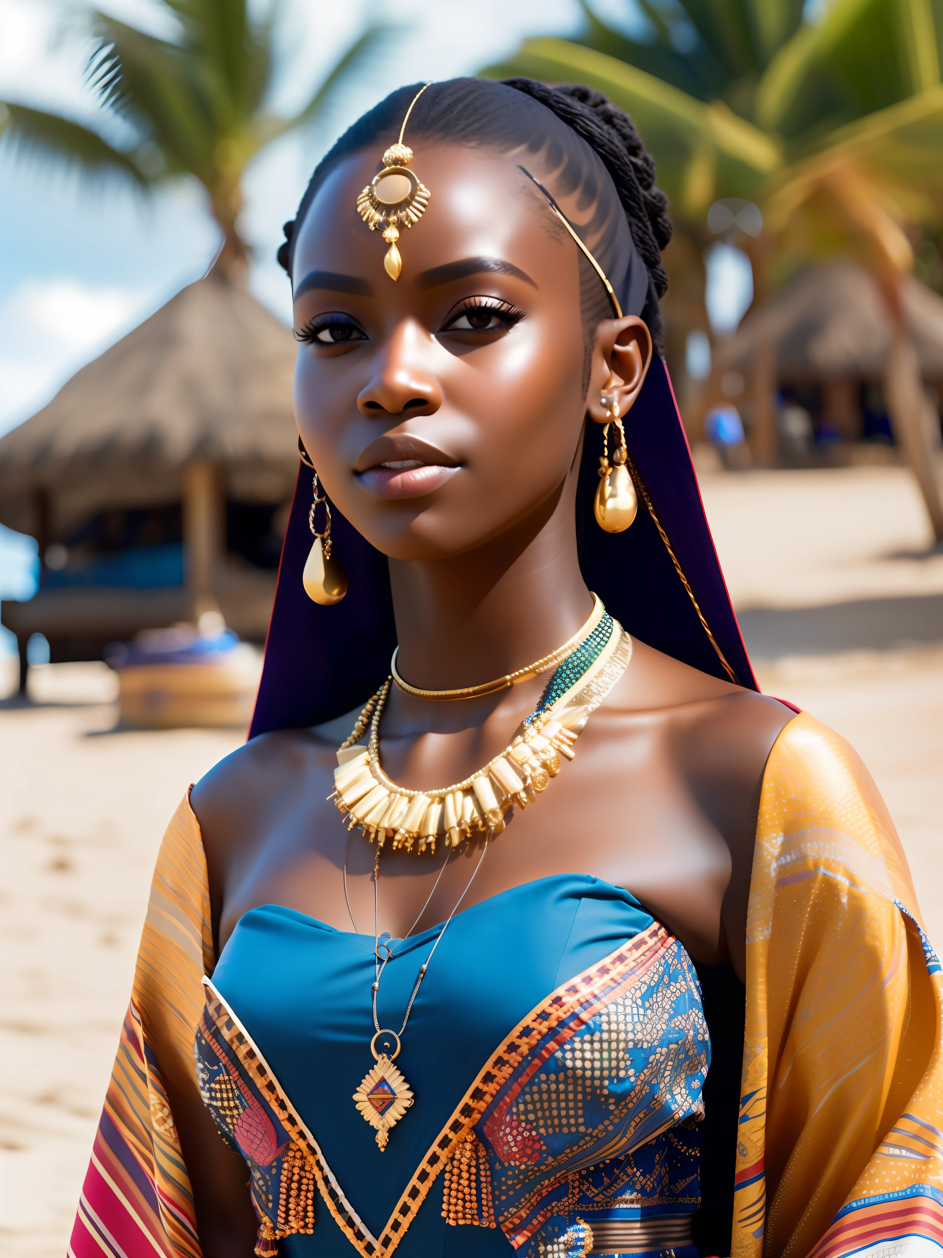 verdammt_Science-Fiction, verdammt_Science-Fiction_v2, Porträt einer sehr schönen jungen Afrikanerin vor einem Strand, reiche bunte Kleidung, goldener afrikanischer Schmuck, Nahaufnahme, königliche Pose und Haltung. verdammt_Kino_v2. verdammt_Kino_v2