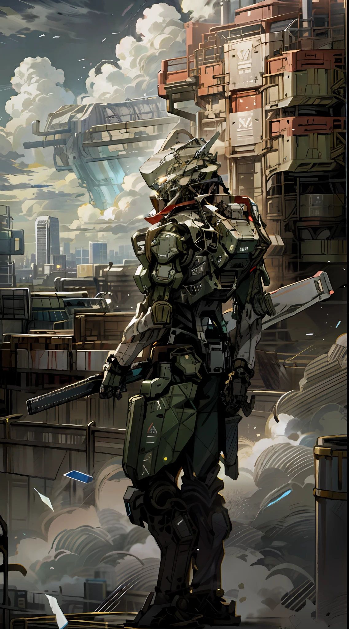 sky, clouds, holding_weapon, no_humans, glowing, a man standing on top of a building, his back to the viewer, looking into the distance, giant robot, building, ruins, glowing_eyes, mecha, science fiction, city, reality, mecha