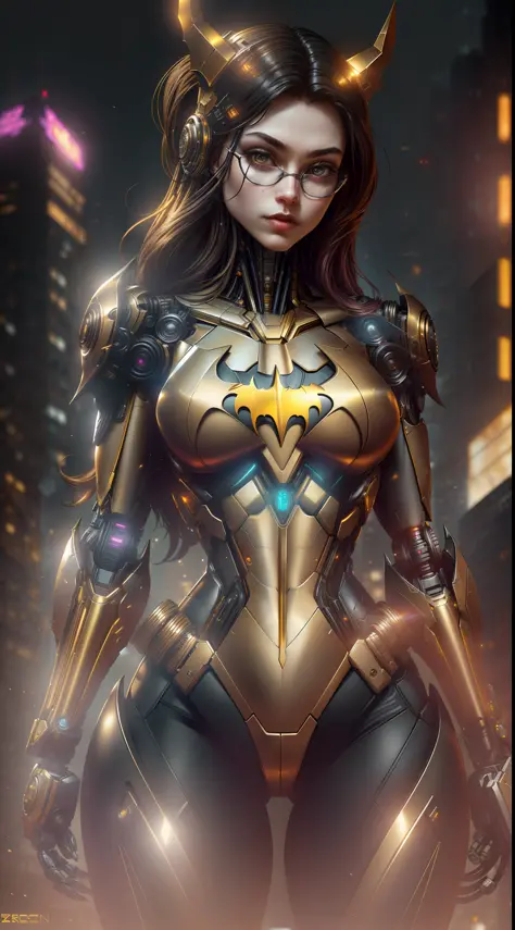 Gold Batgirl from DC photography, biomechanical, complex robot, full growth, hyper-realistic, insane small details, extremely cl...